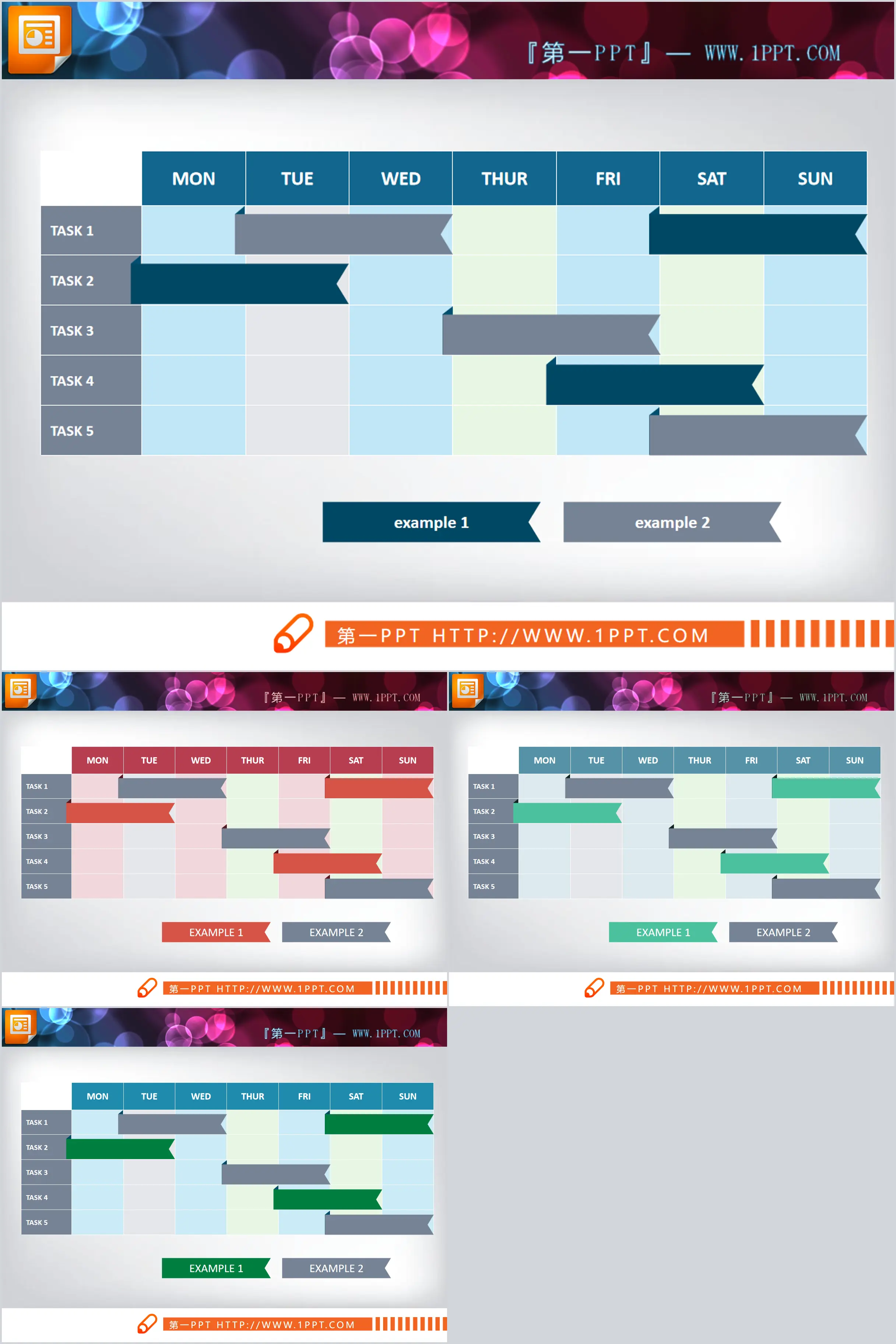 5 data item weekly tasks PPT Gantt chart