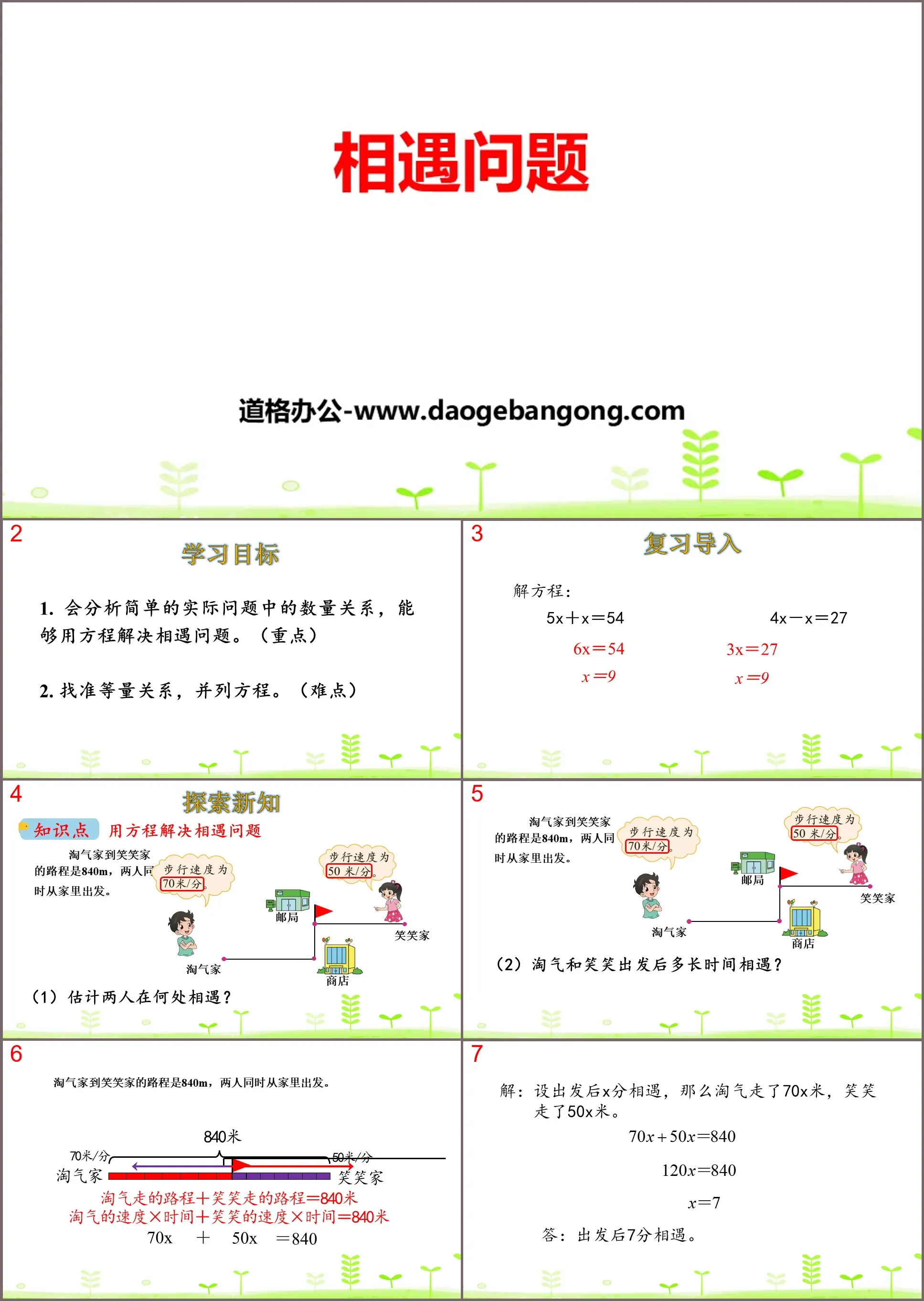 《相遇问题》用方程解决问题PPT