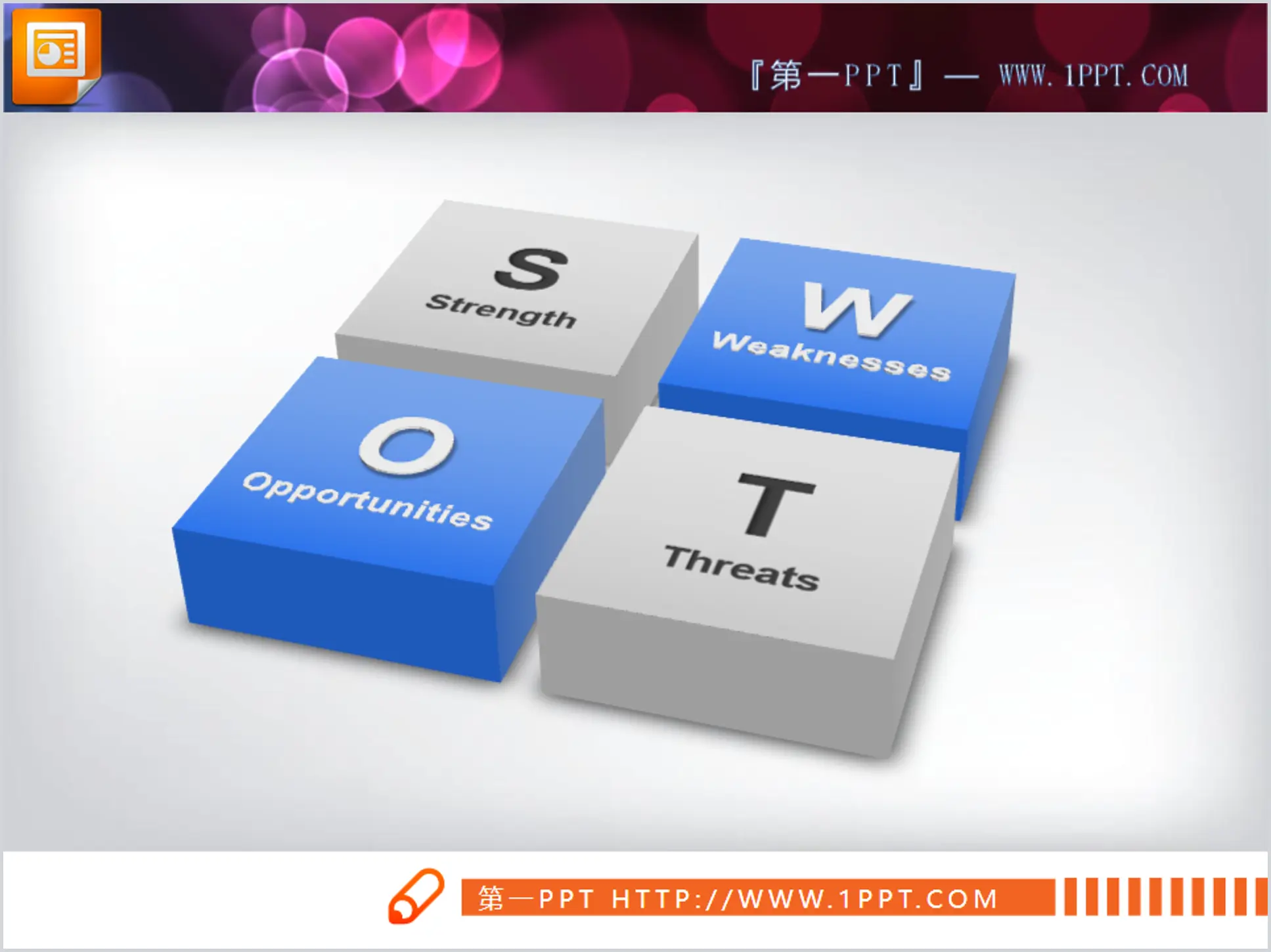 立体四方块并列关系SWOT幻灯片图表