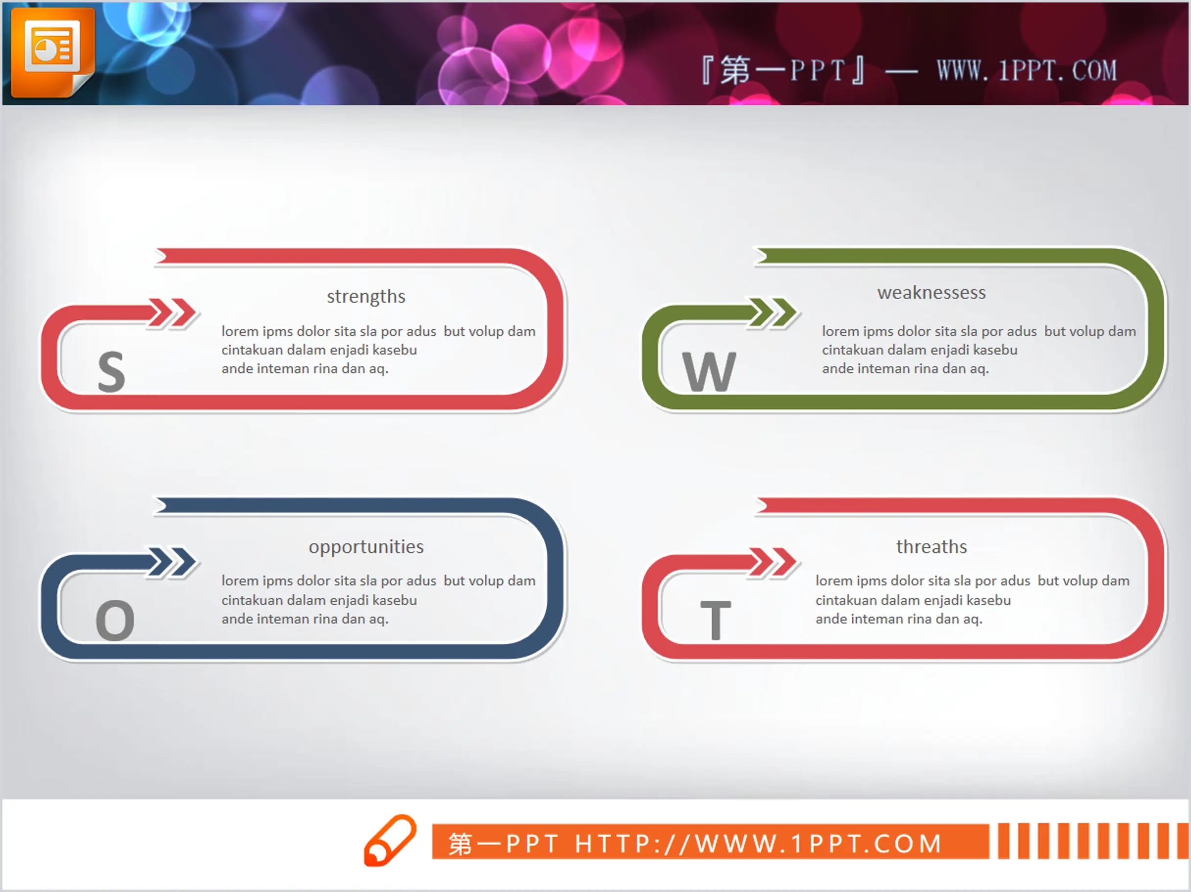 Four color round arrow swot slide chart