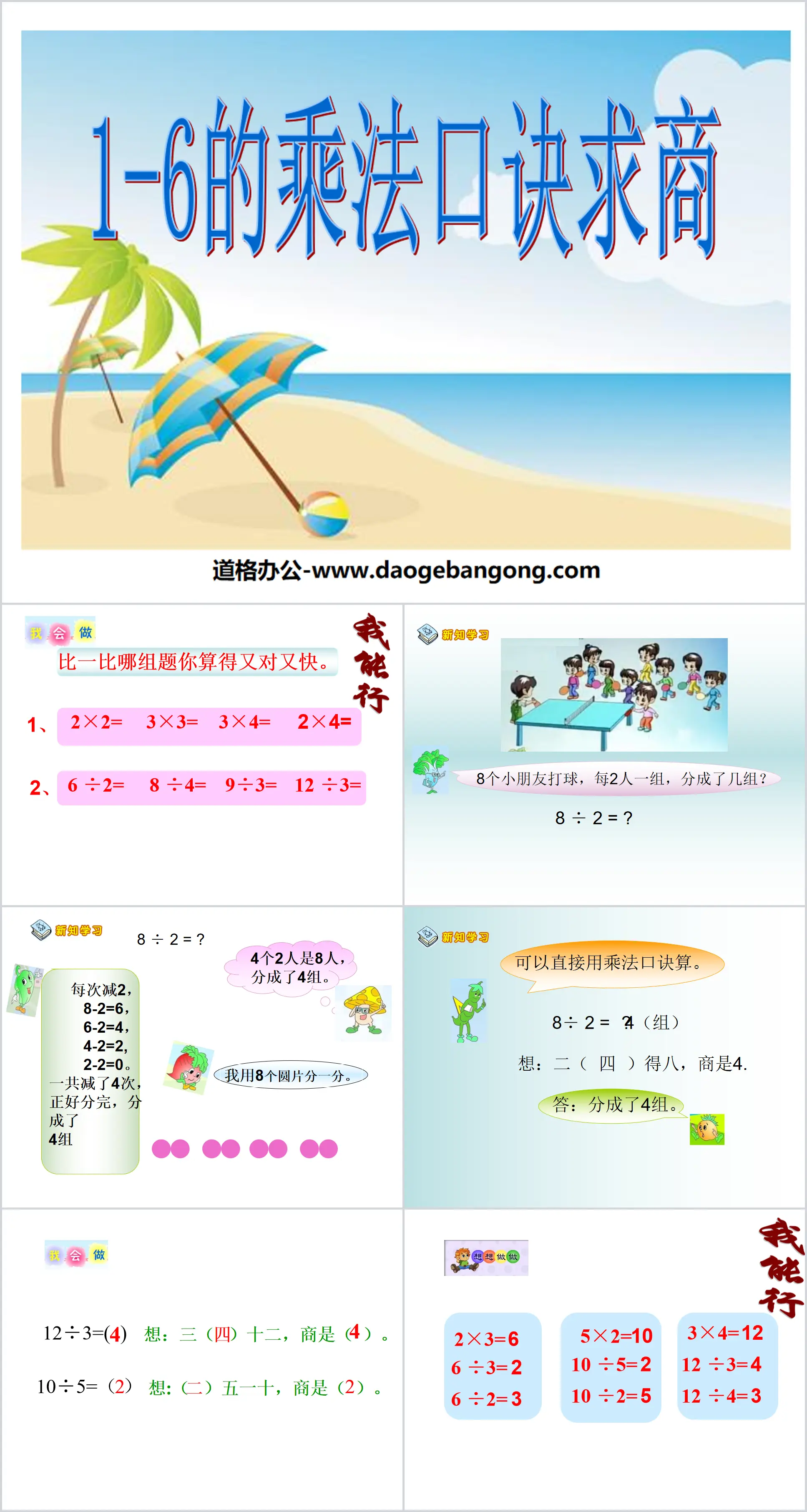 "Calculating the Quotient of Multiplication Tables from 1-6" PPT Courseware on Division in Tables