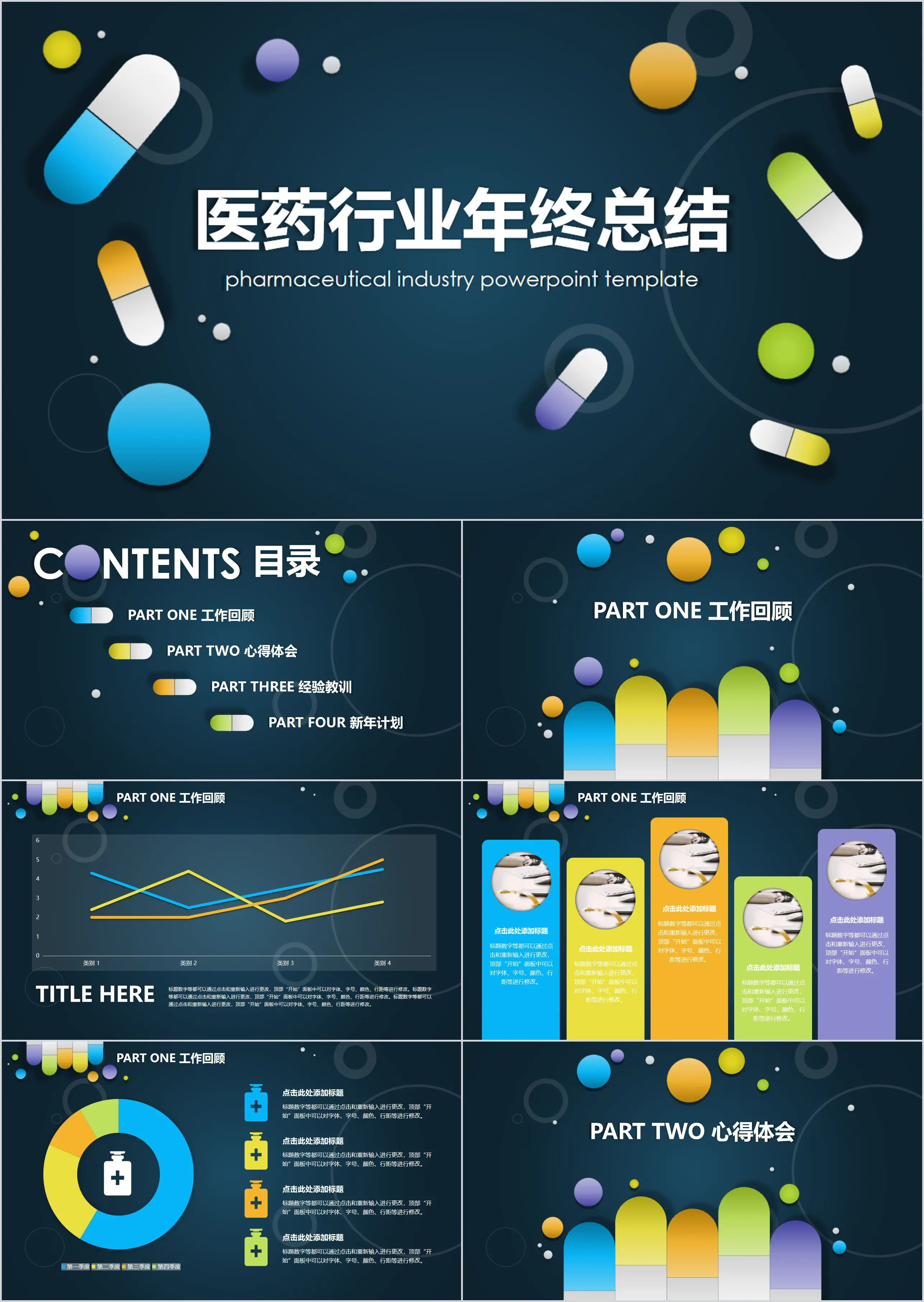 Modèle PPT de résumé de travail de l'industrie pharmaceutique avec arrière-plan de tablette de capsule d'interface utilisateur