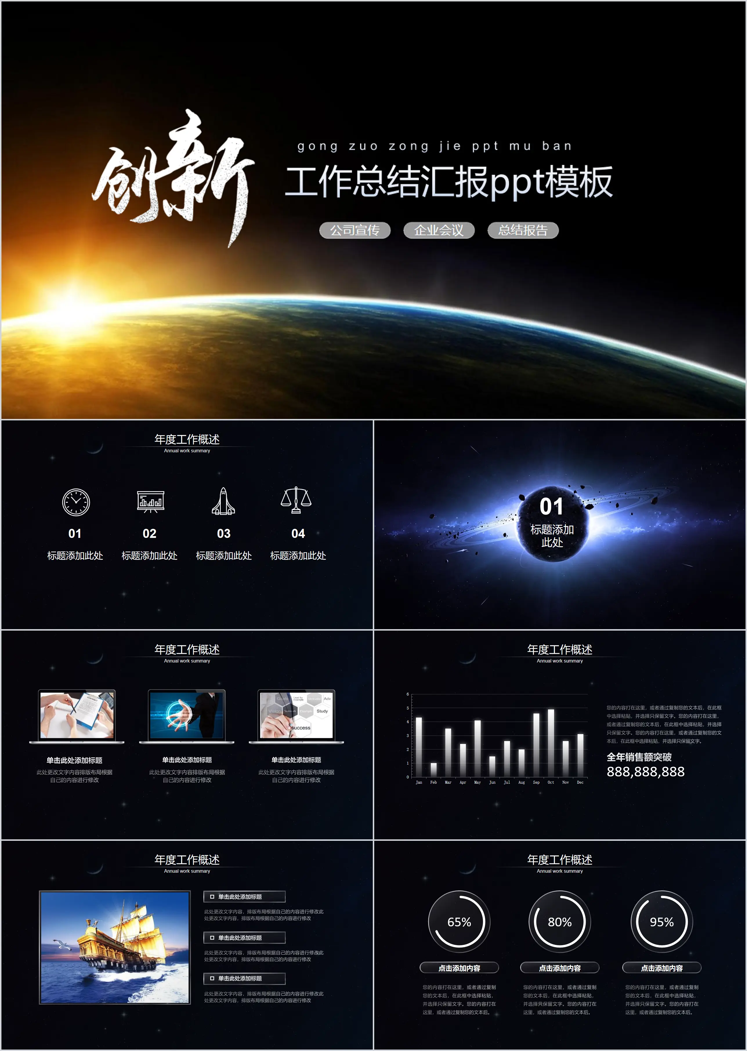 Innovation theme work summary report PPT template with starry sky background