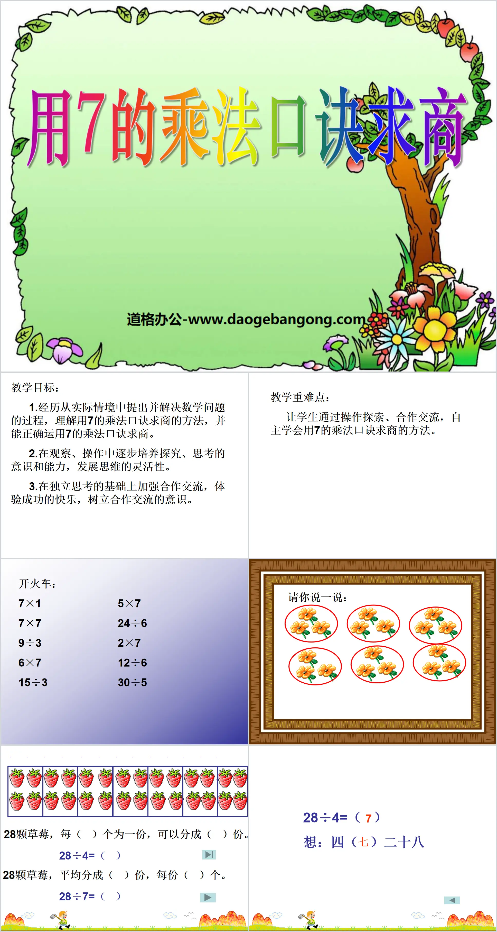 "Using the multiplication formula of 7 to find the quotient" PPT courseware on table multiplication and table division