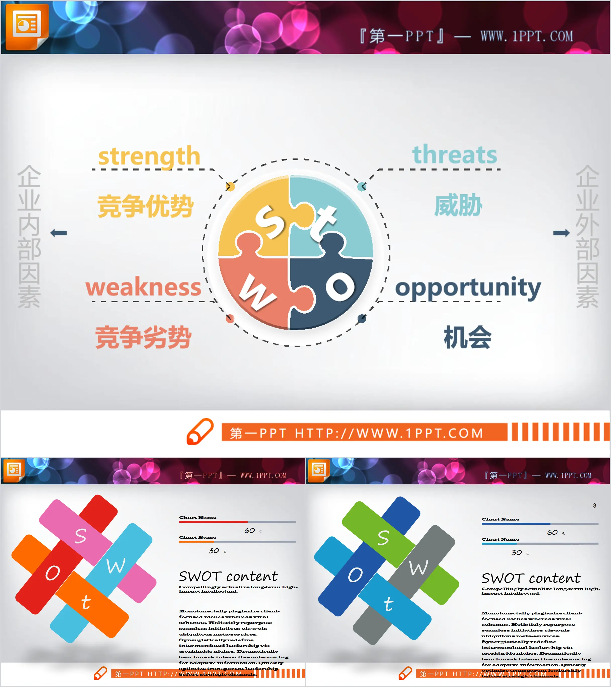 Trois graphiques PPT d'analyse SWOT d'entreprise