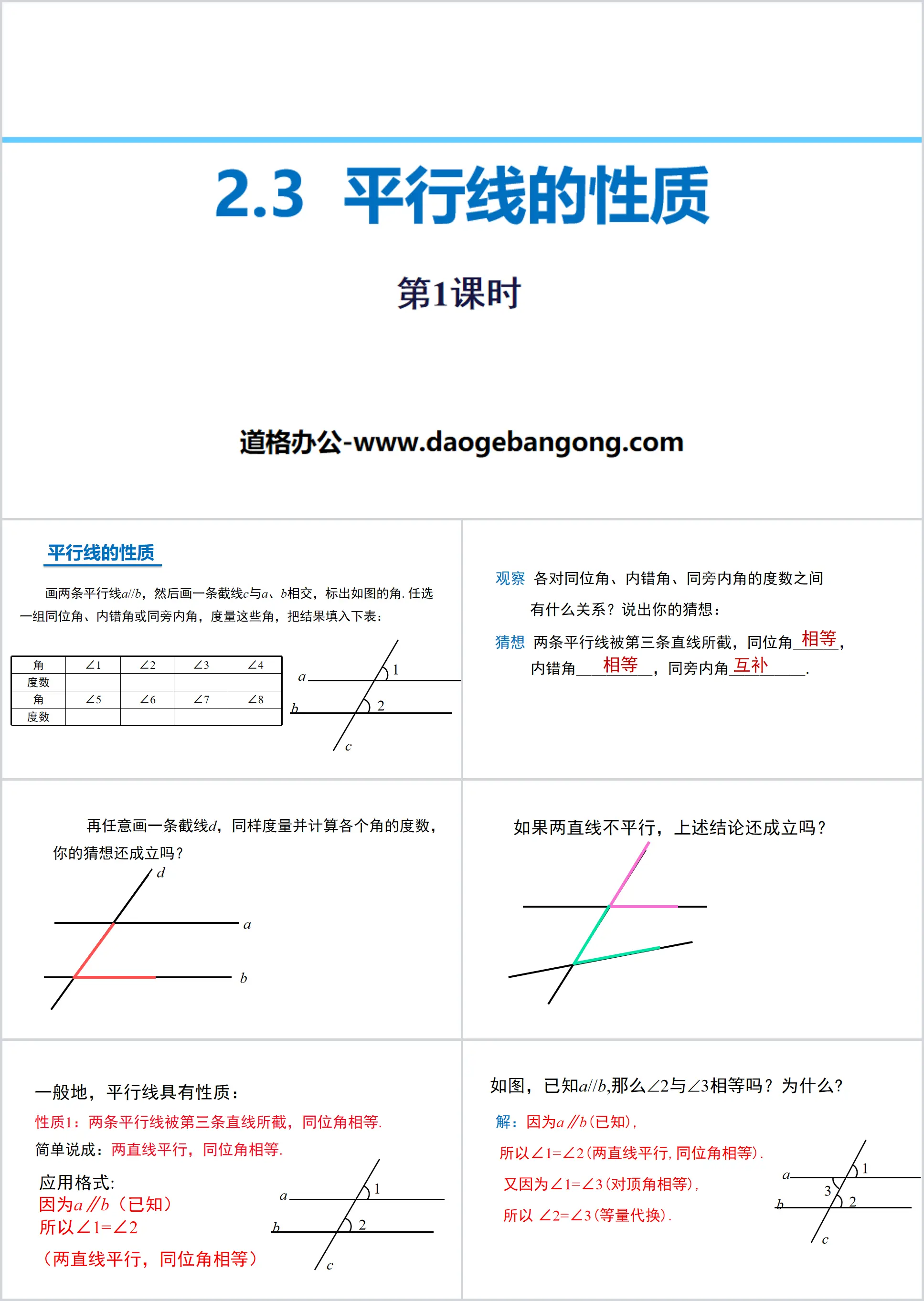 "Properties of Parallel Lines" Intersecting Lines and Parallel Lines PPT Courseware (Lesson 1)