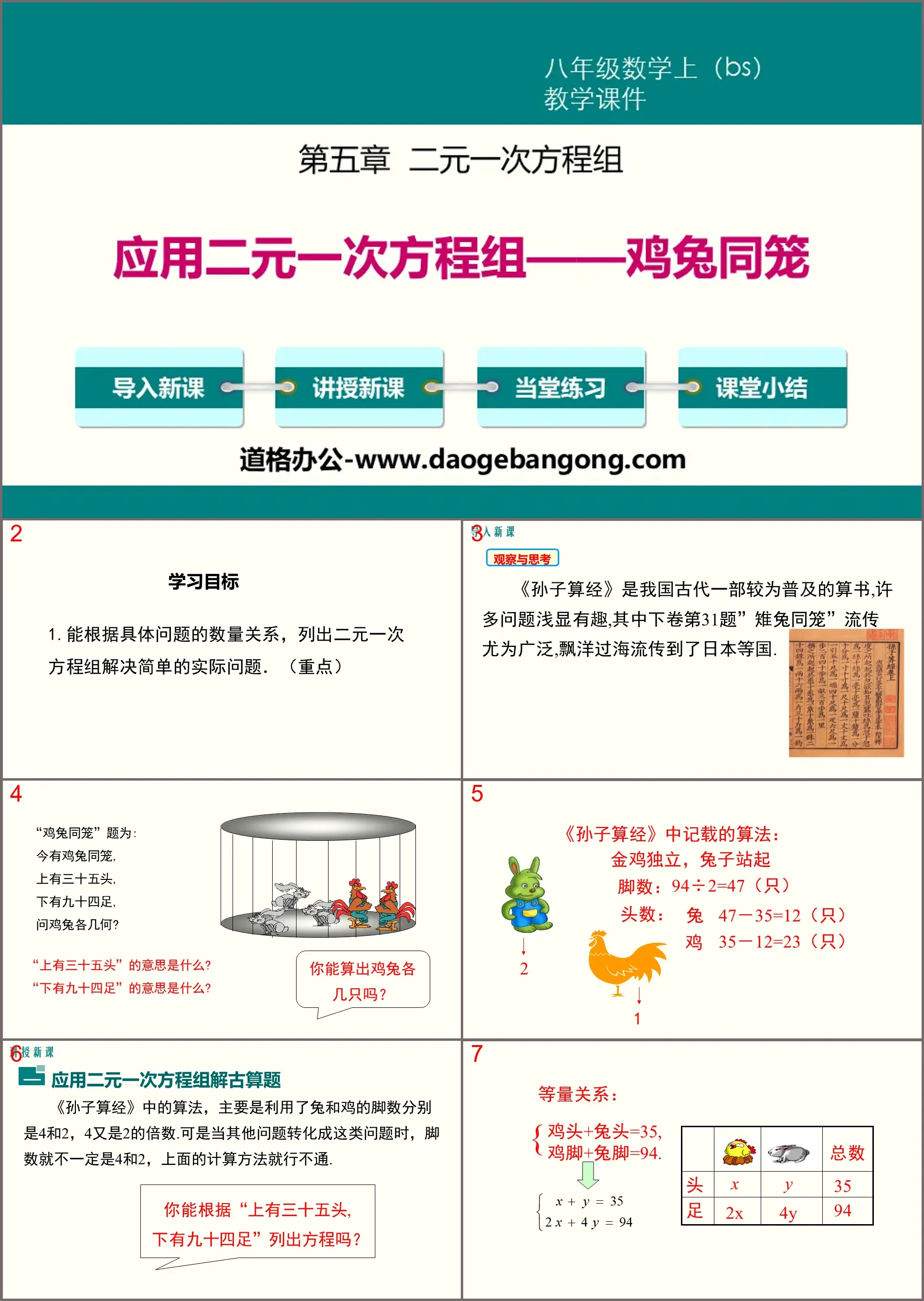 《应用二元一次方程组―鸡兔同笼》二元一次方程组PPT