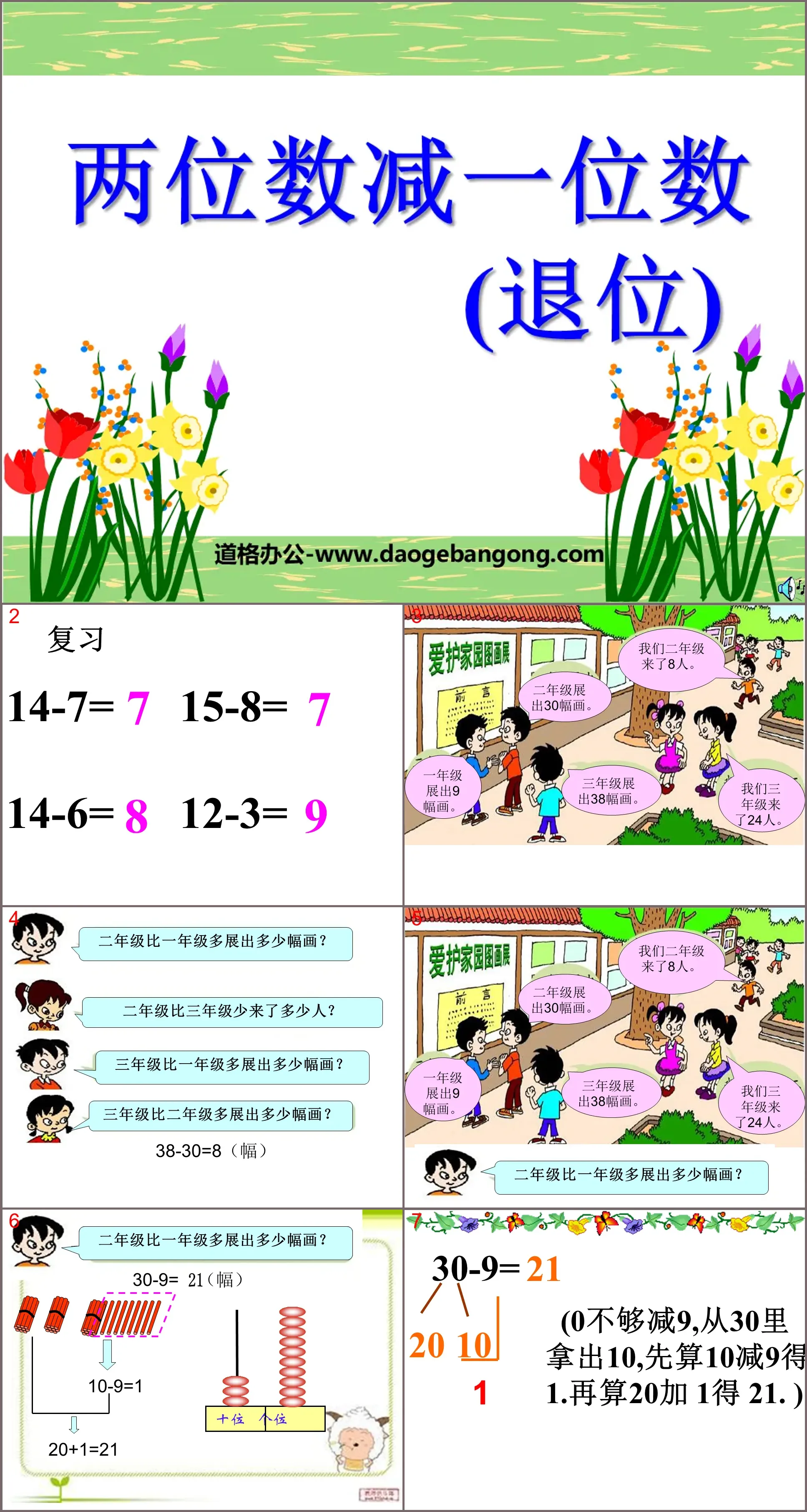 "Two digits minus one digit" PPT courseware for addition and subtraction within 100