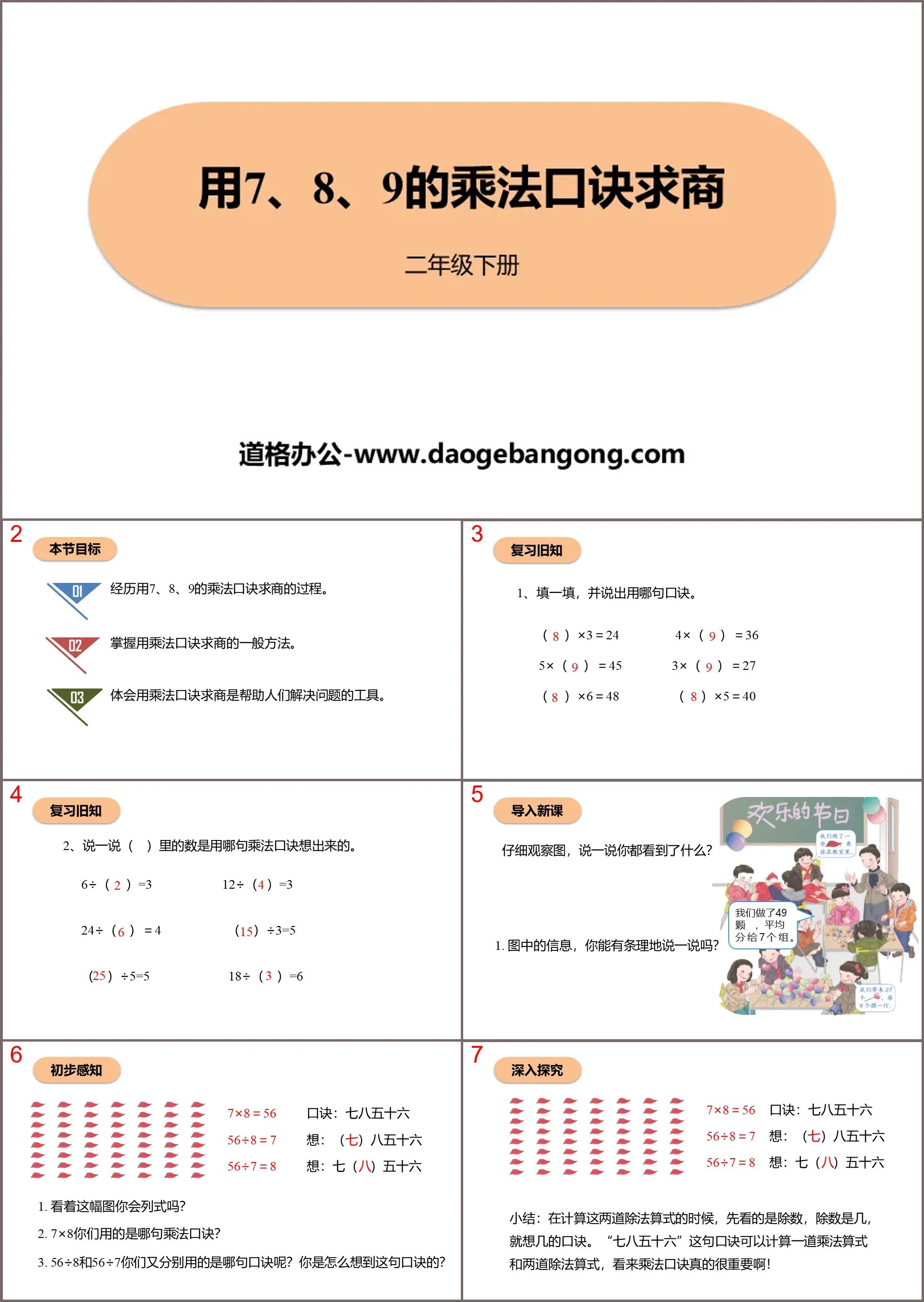 "Using the multiplication formula of 7, 8, 9 to find the quotient" Division in the table PPT download