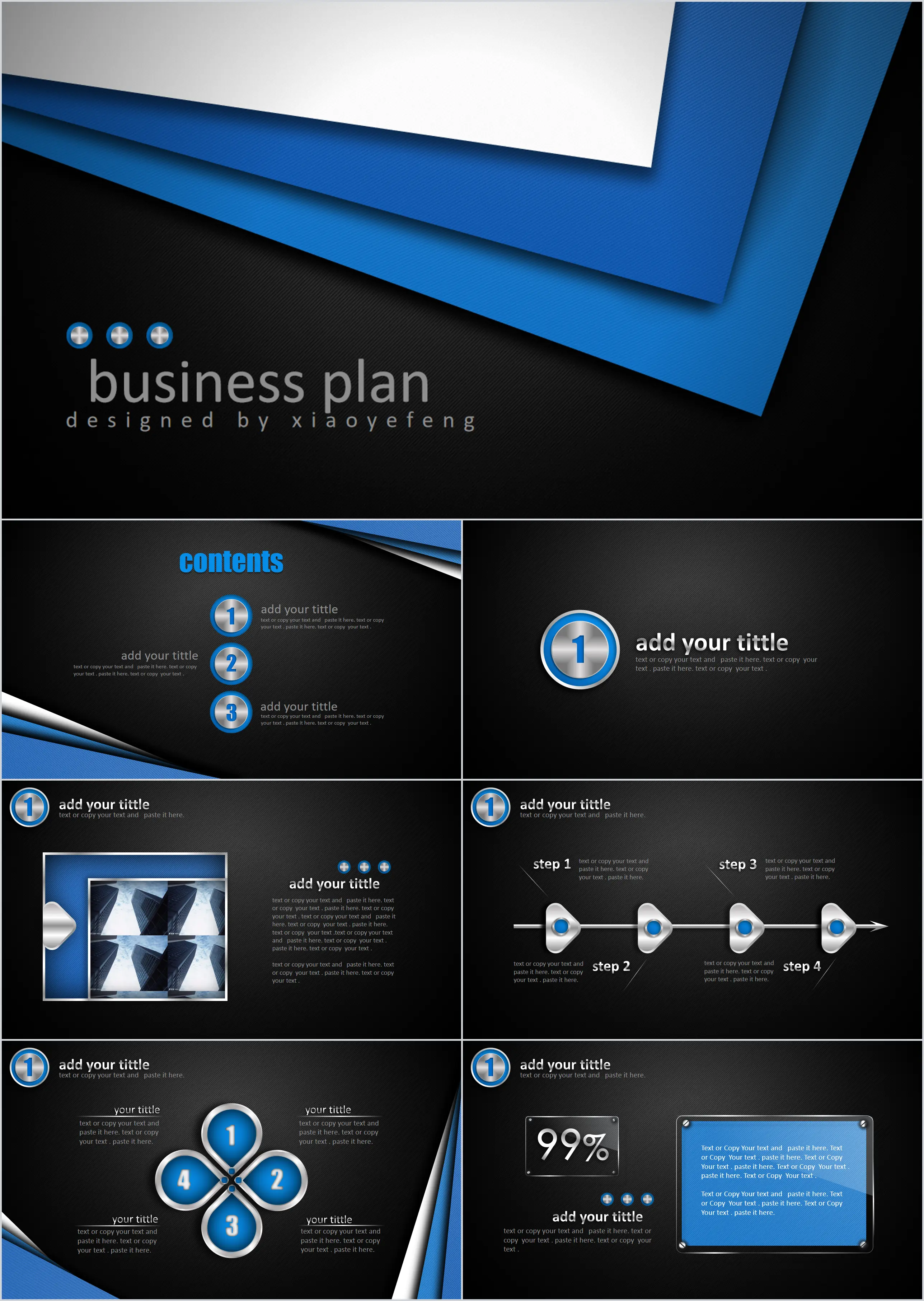 European and American blue and black dynamic cool metal texture PPT template