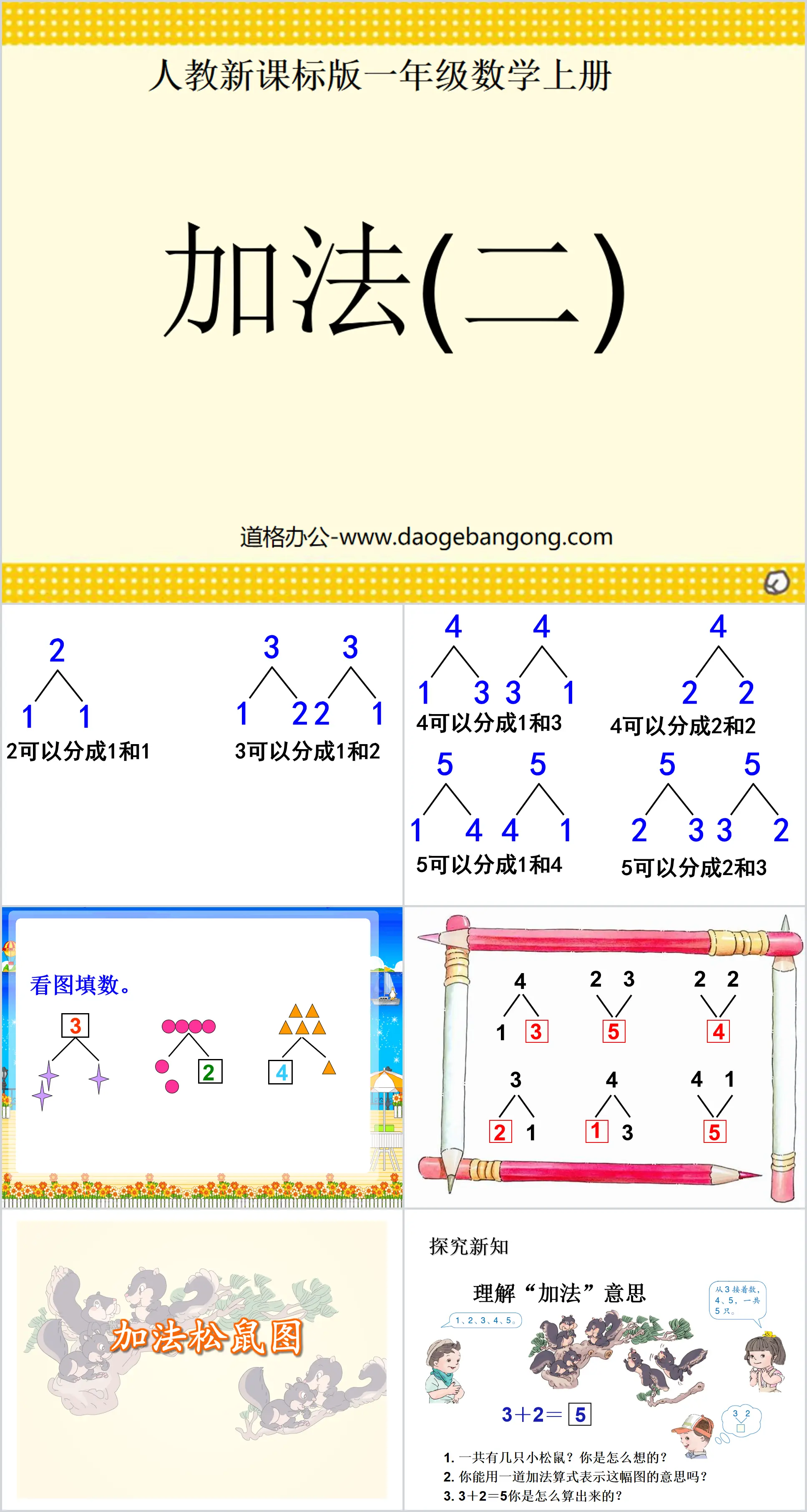 "Addition dans les 5" 1-5 compréhension et didacticiel PPT d'addition et de soustraction