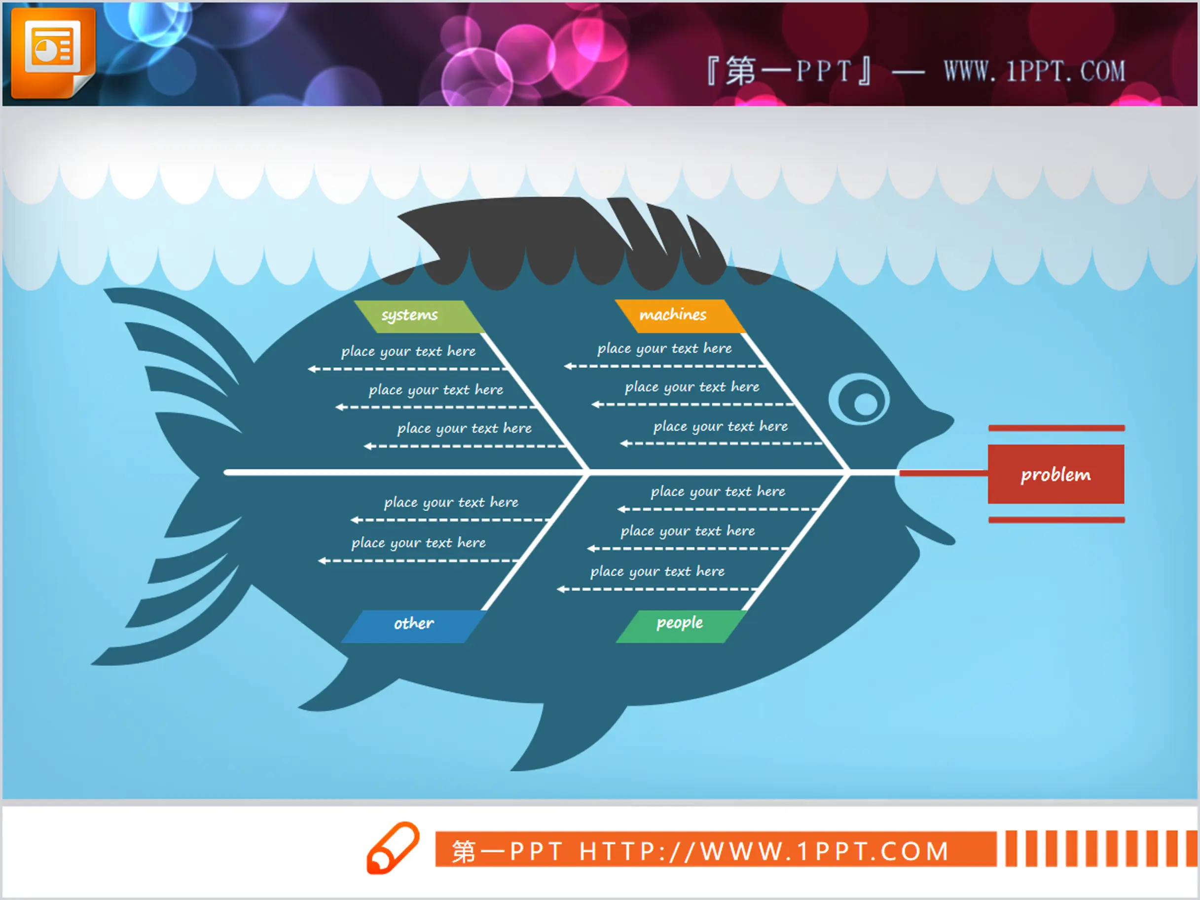 Diagramme d'arête de poisson PPT en forme de tilapia bleu