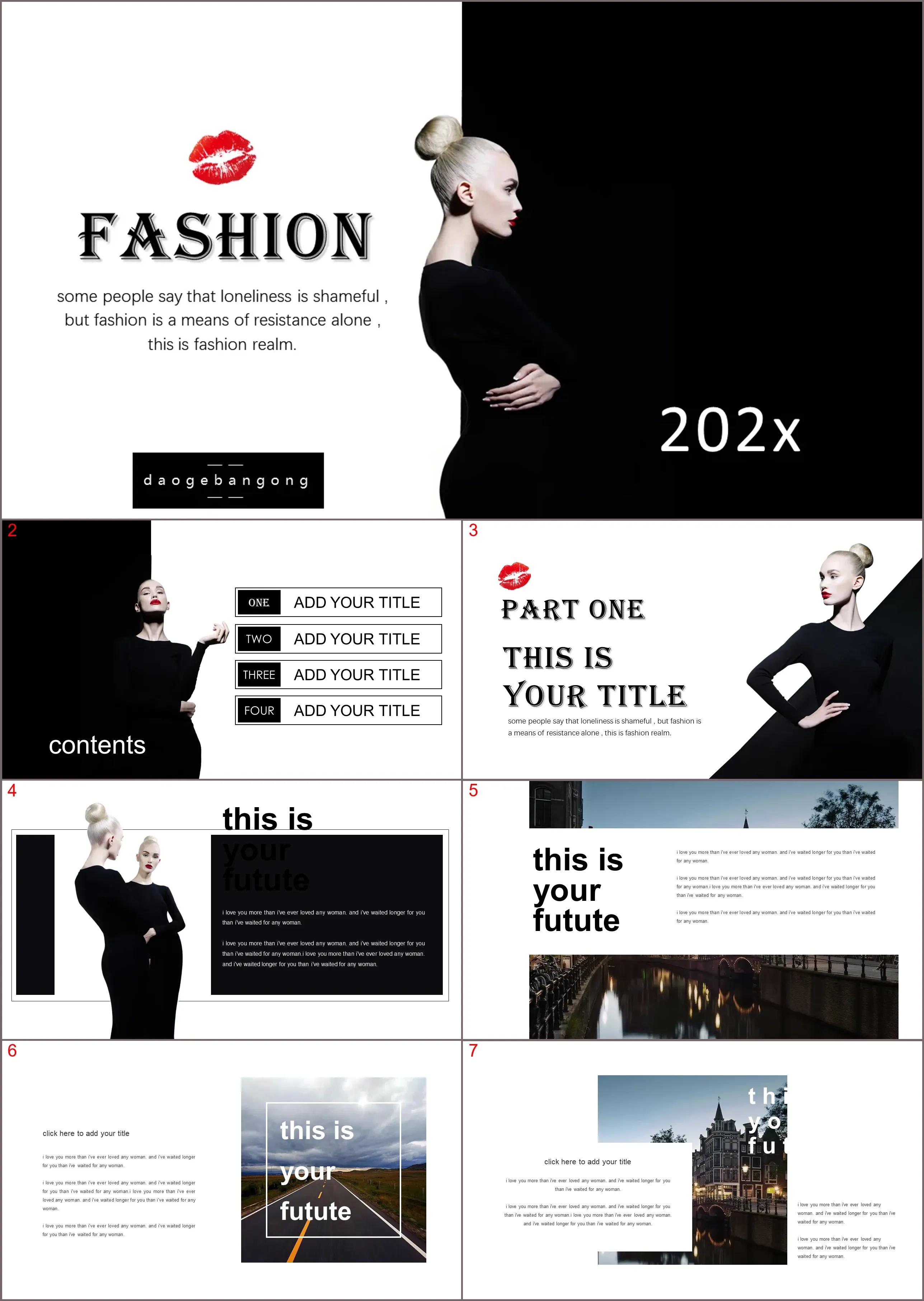 Black simple European and American character background fashion album PPT template free download