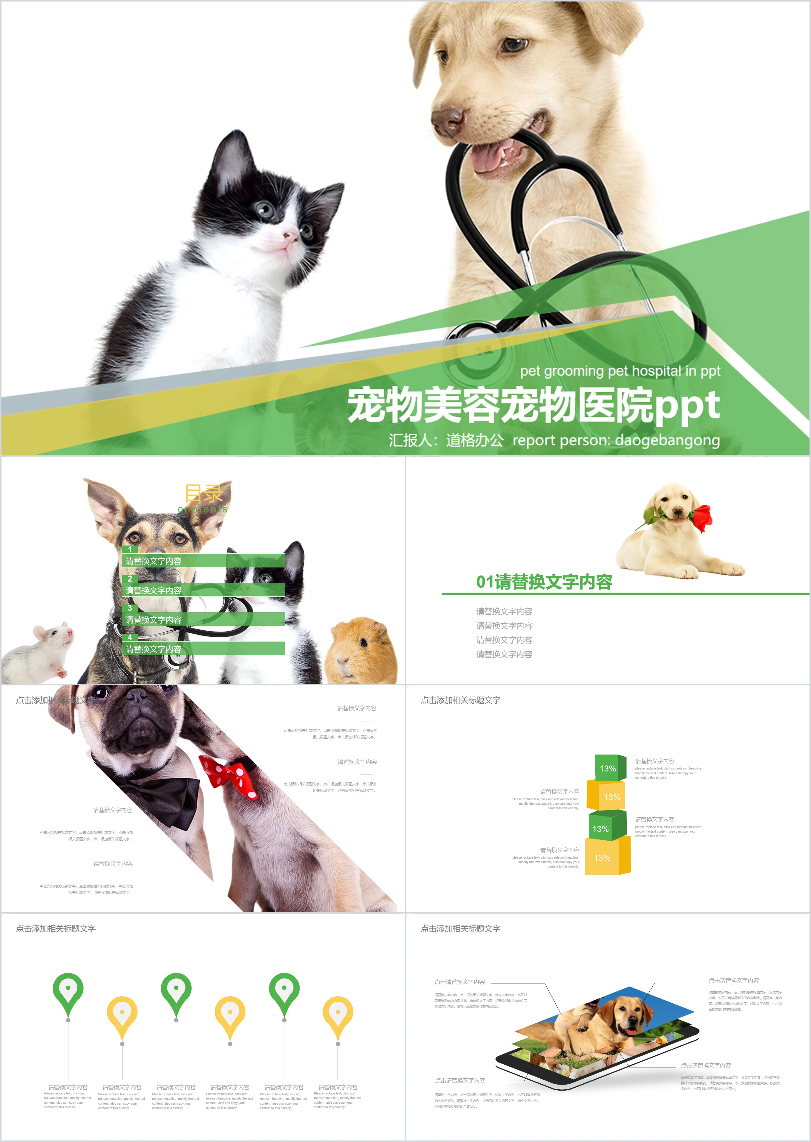 Pet PPT template with puppy and kitten background