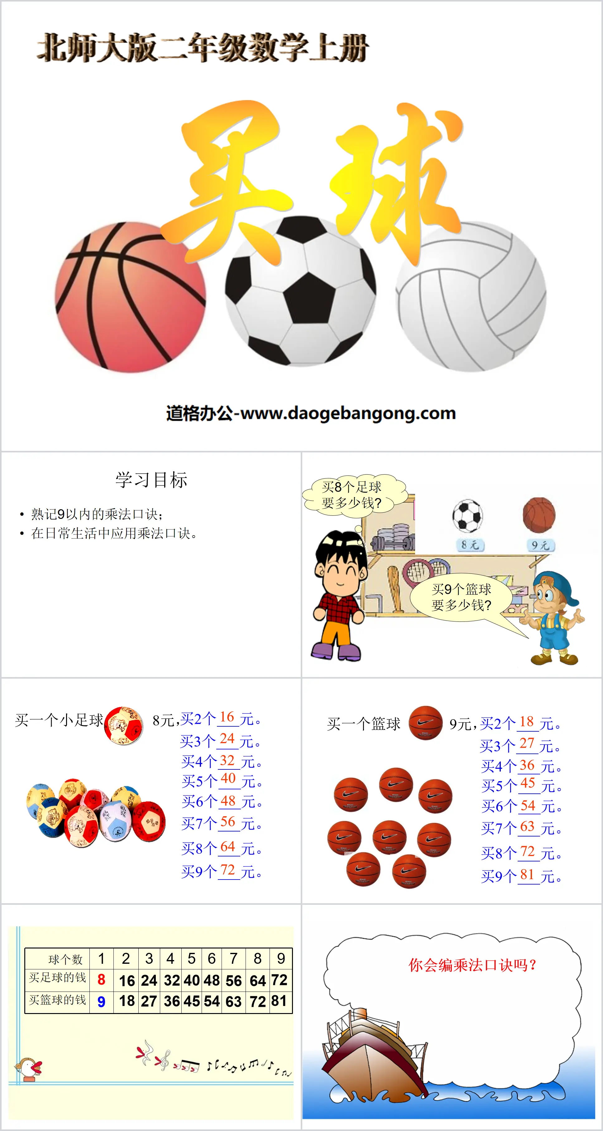 "Acheter du football" Tables de multiplication de 6 à 9 Didacticiel PPT 2