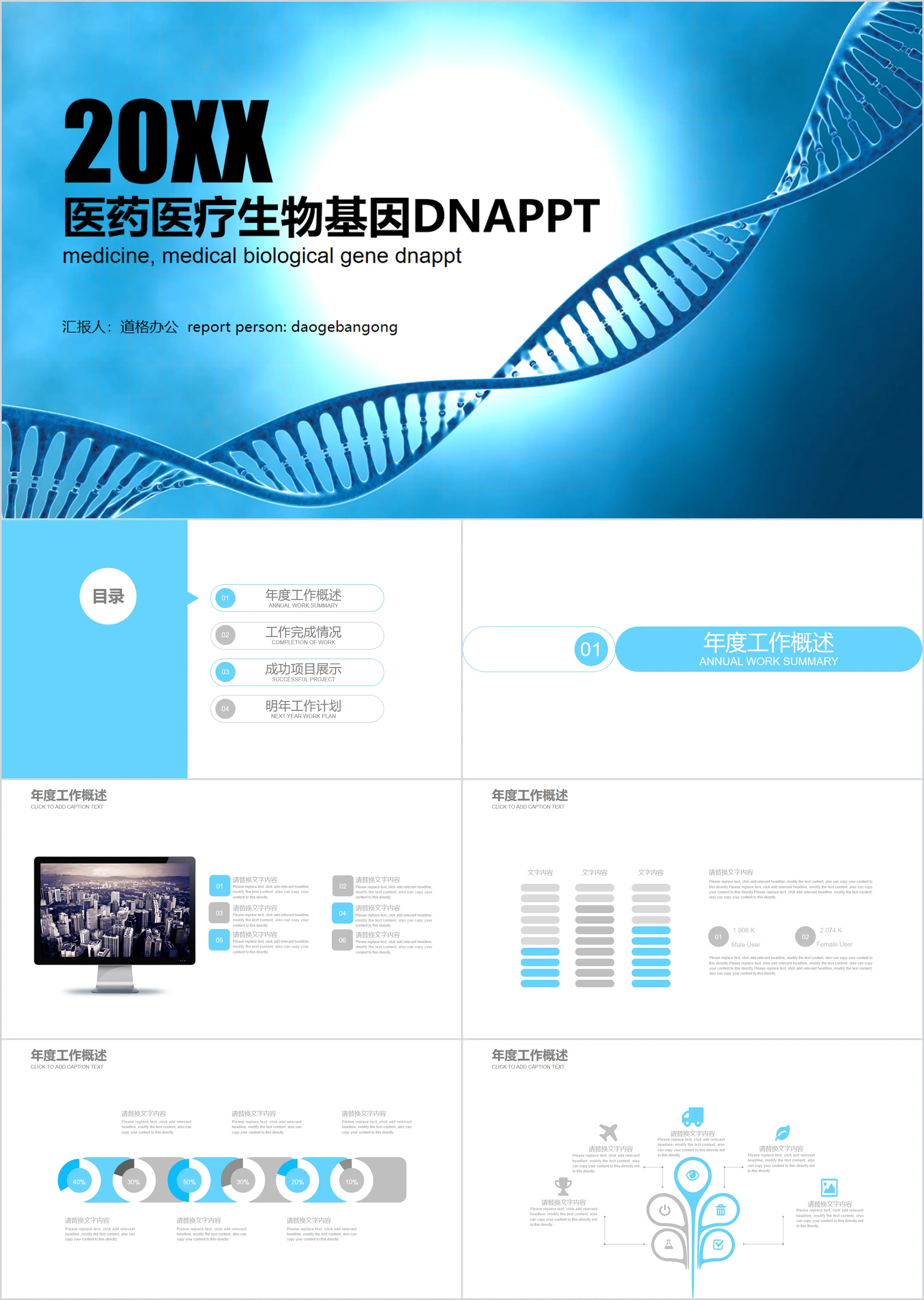 蓝色DNA链条背景的医药医学PPT模板