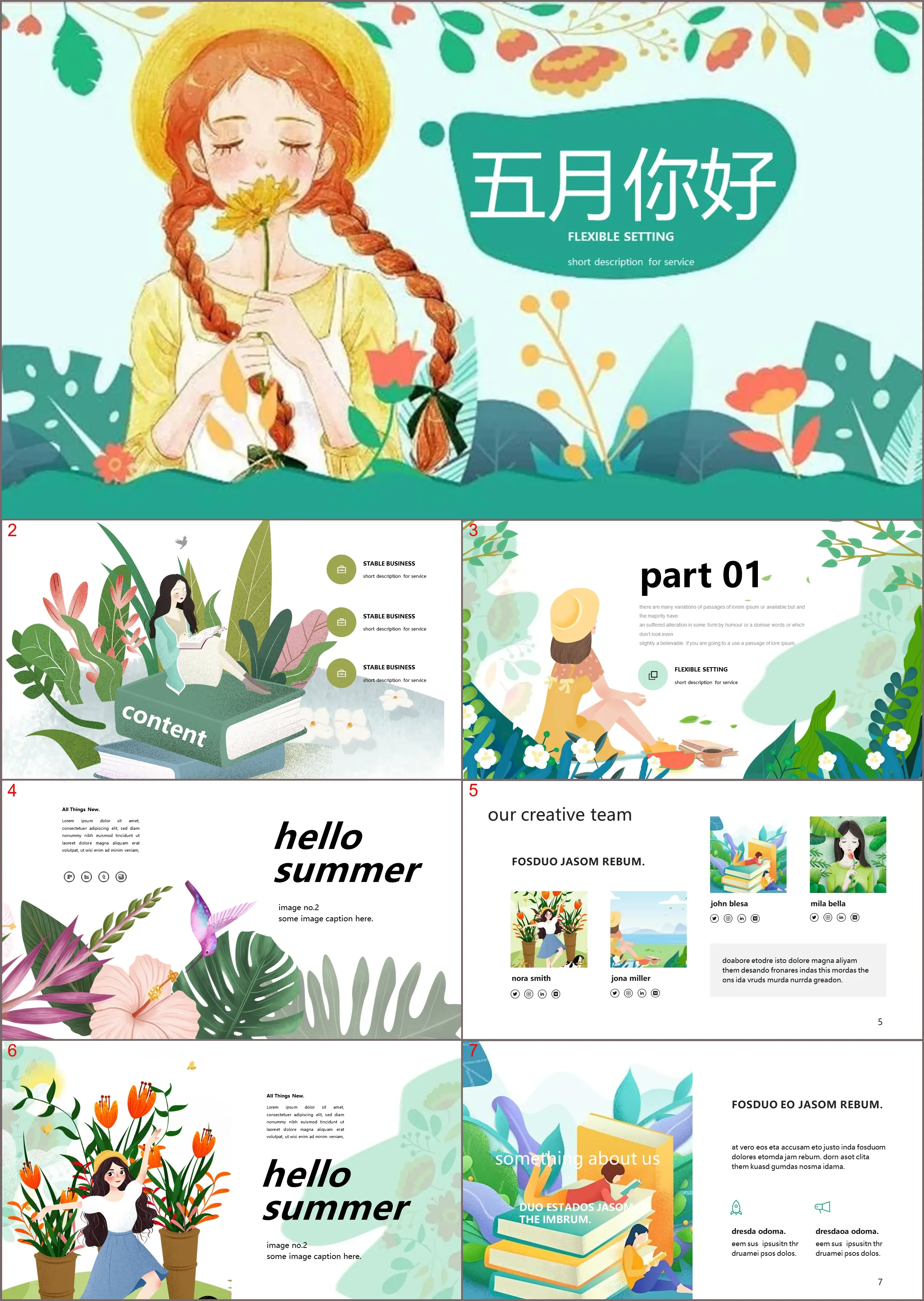 Hello May PPT template with fresh illustration girl background