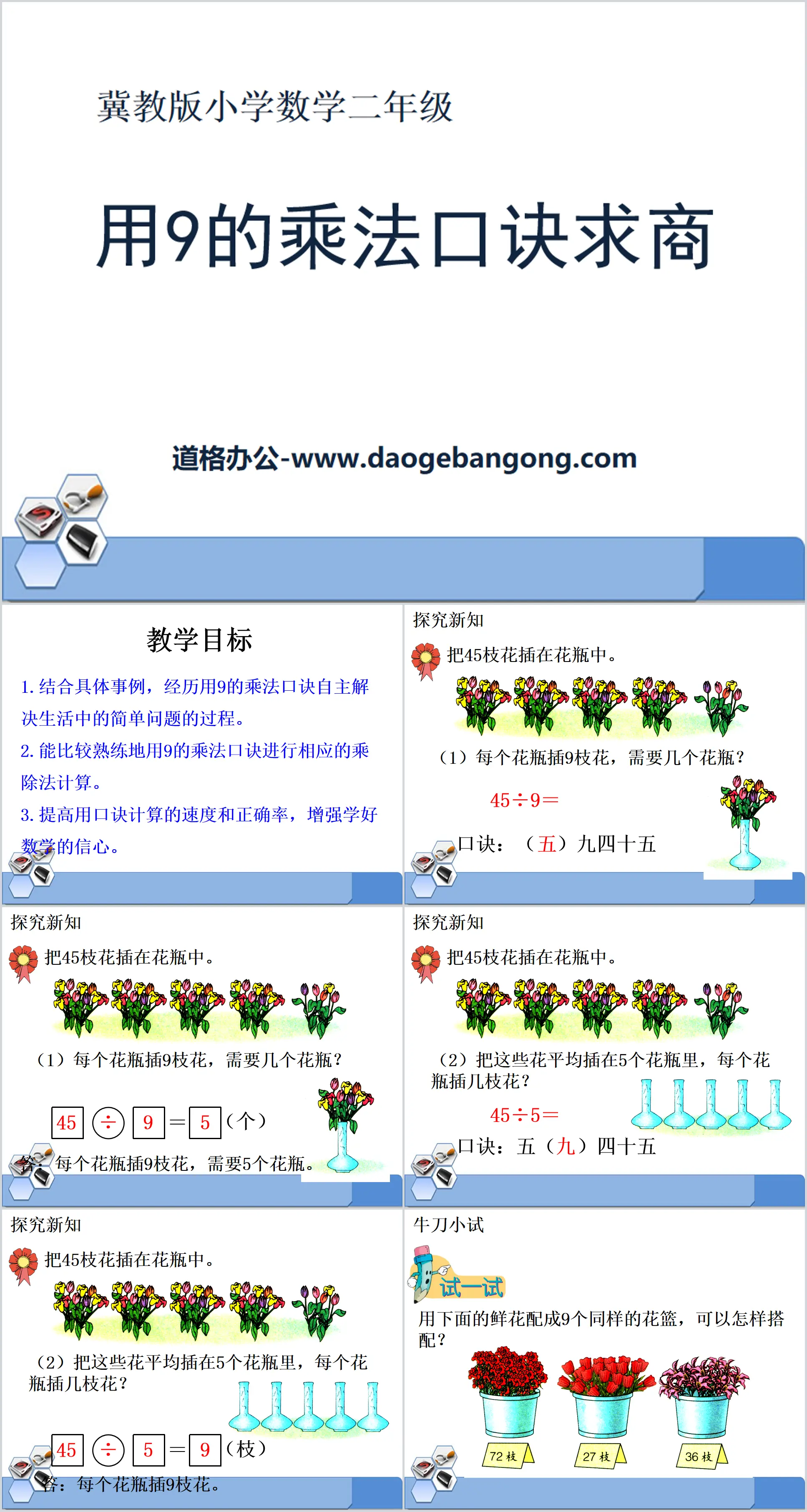 "Using the multiplication formula of 9 to find the quotient" Multiplication and division PPT courseware in the table