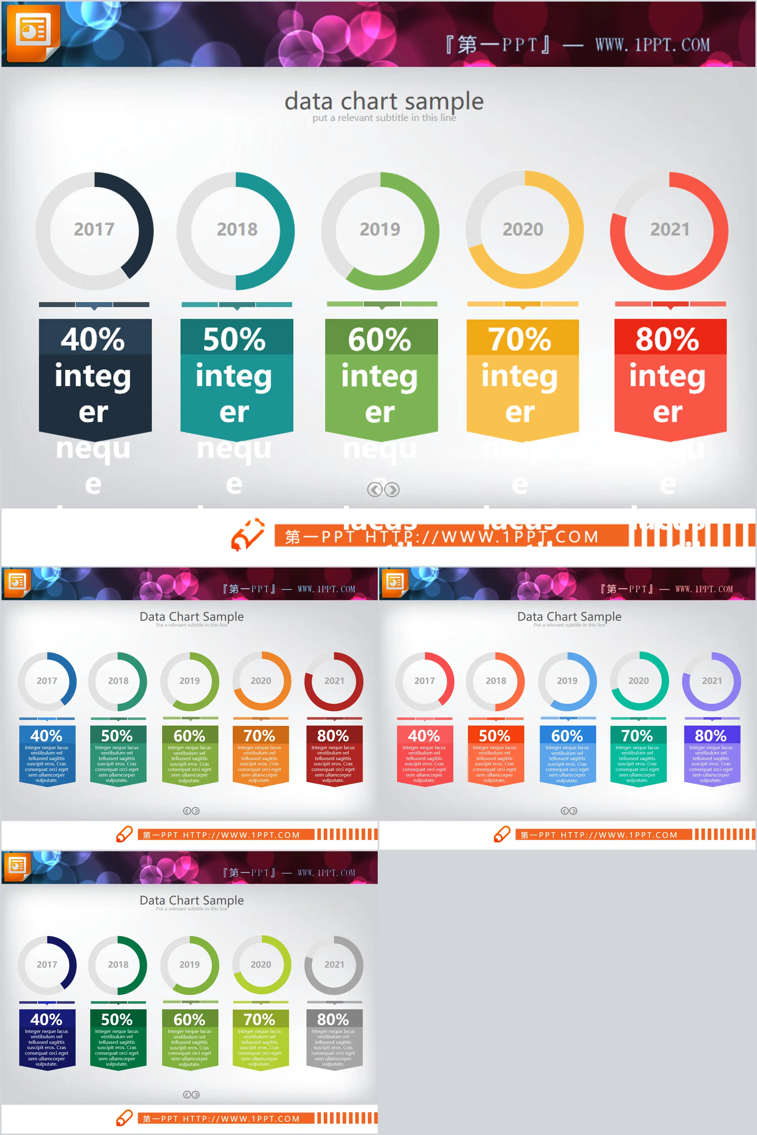 4 ensembles de 5 éléments de données comparant un diagramme circulaire PPT