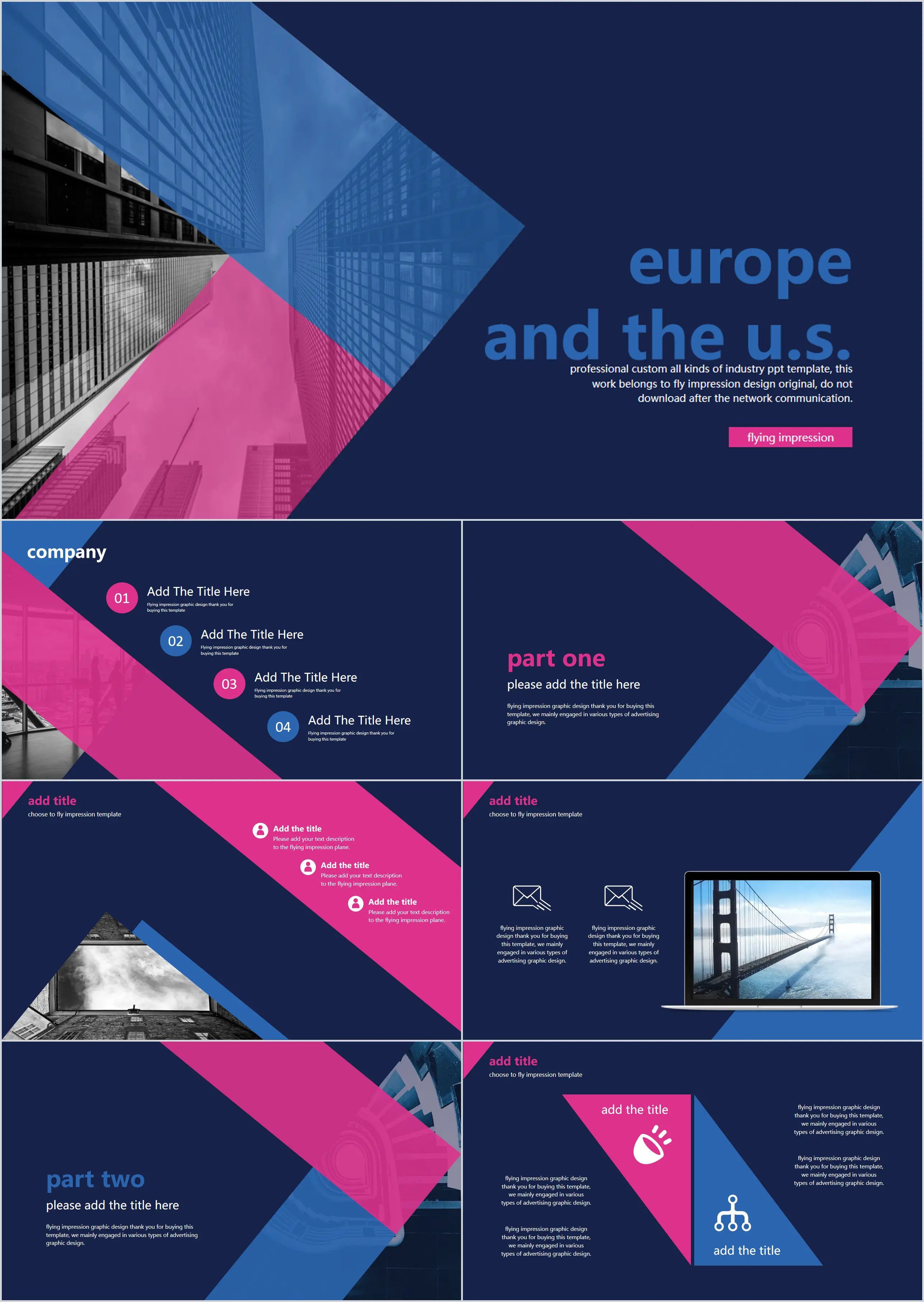 European and American business PPT template with blue and pink flat design