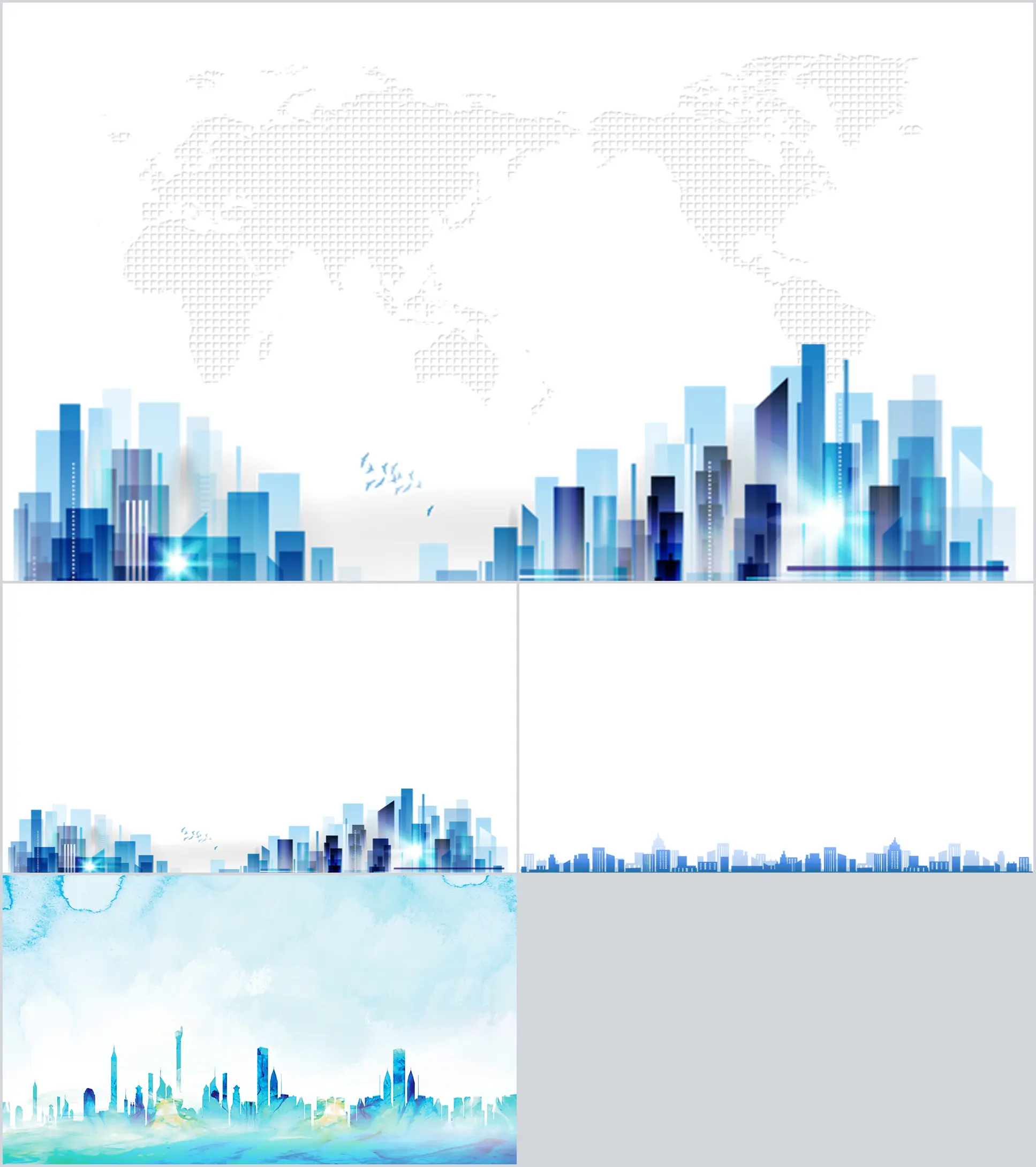 四张蓝色城市剪影PPT背景图片