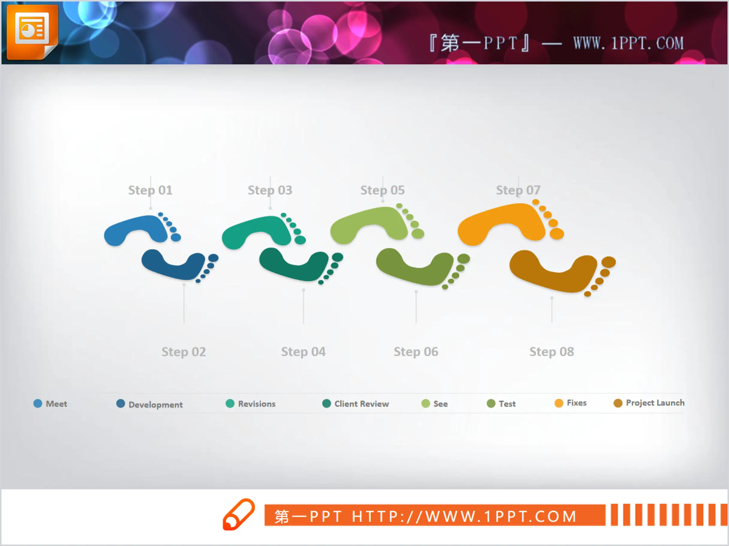 Colorful footprints pattern PPT flow chart