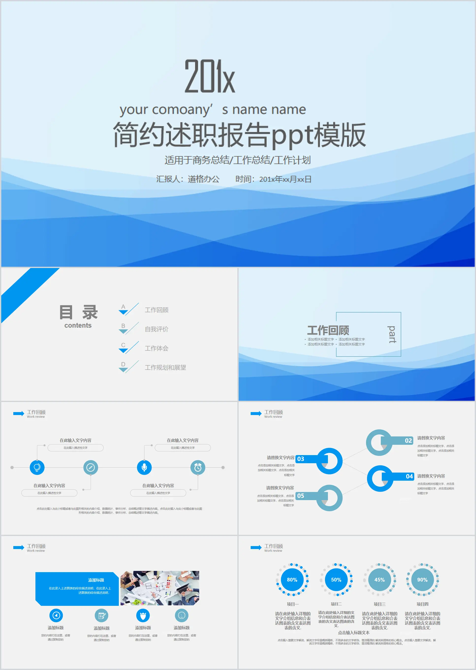 Personal debriefing report PPT template with blue elegant curve background