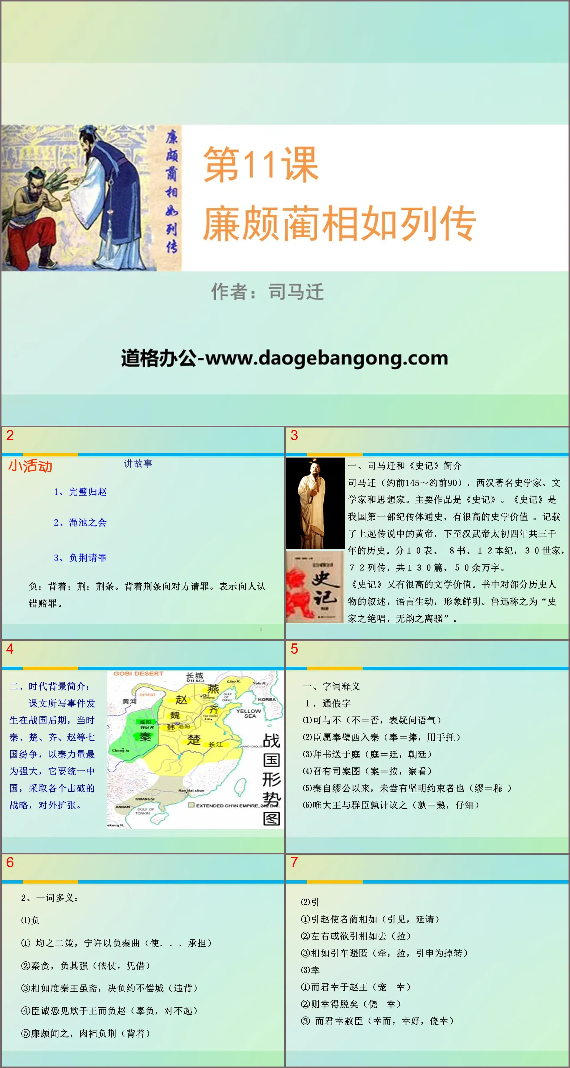 "Biographies de Lian Po et Lin Xiangru" Didacticiel pédagogique PPT