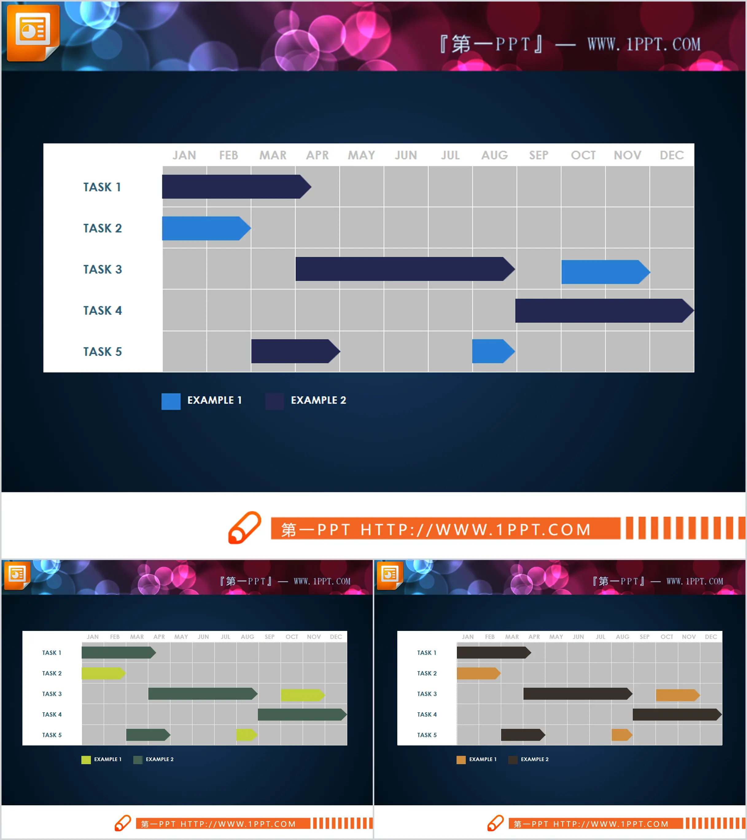 Three weekly work progress PPT Gantt charts