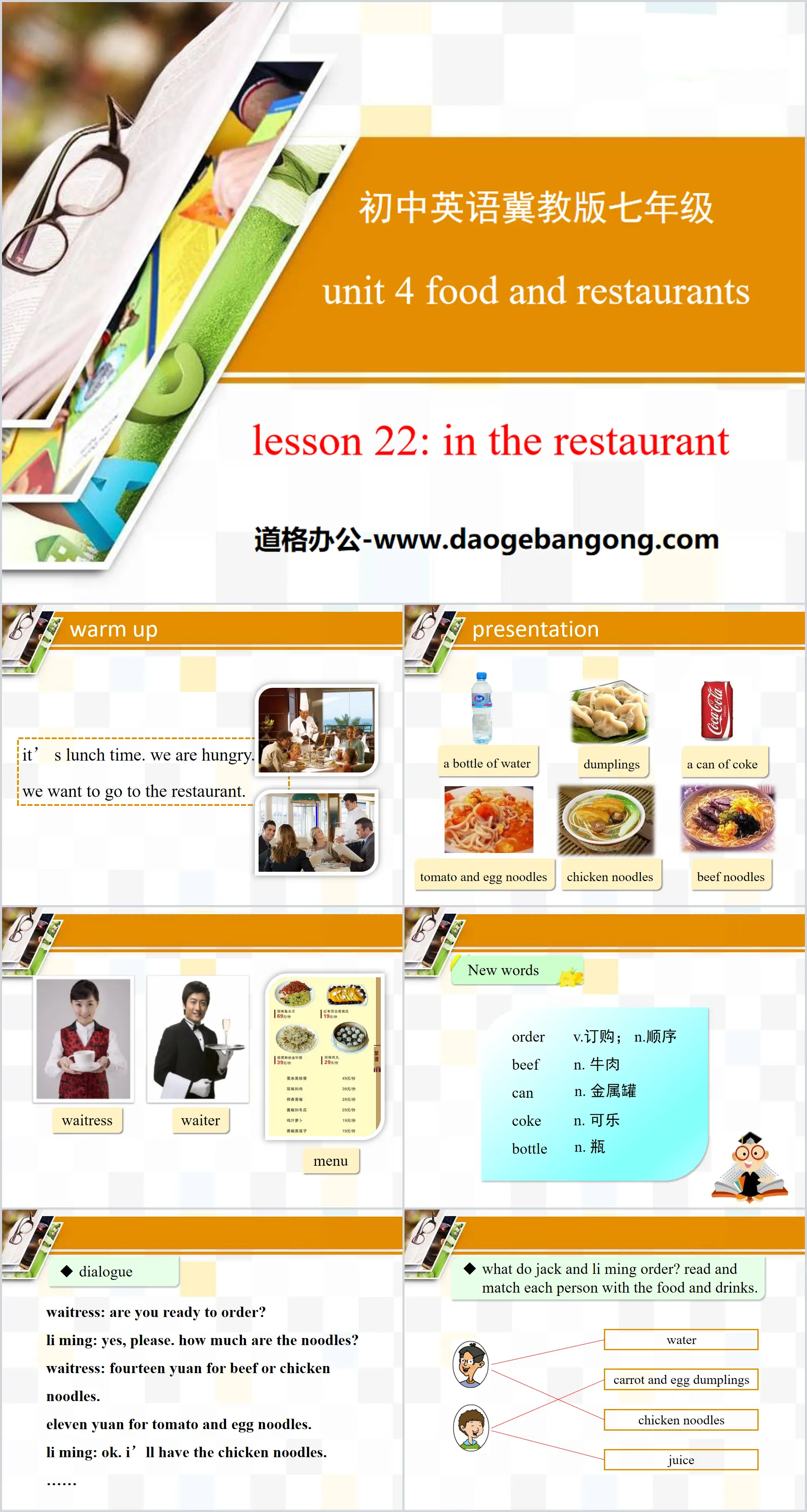 "In the restaurant" Food and Restaurants PPT free courseware