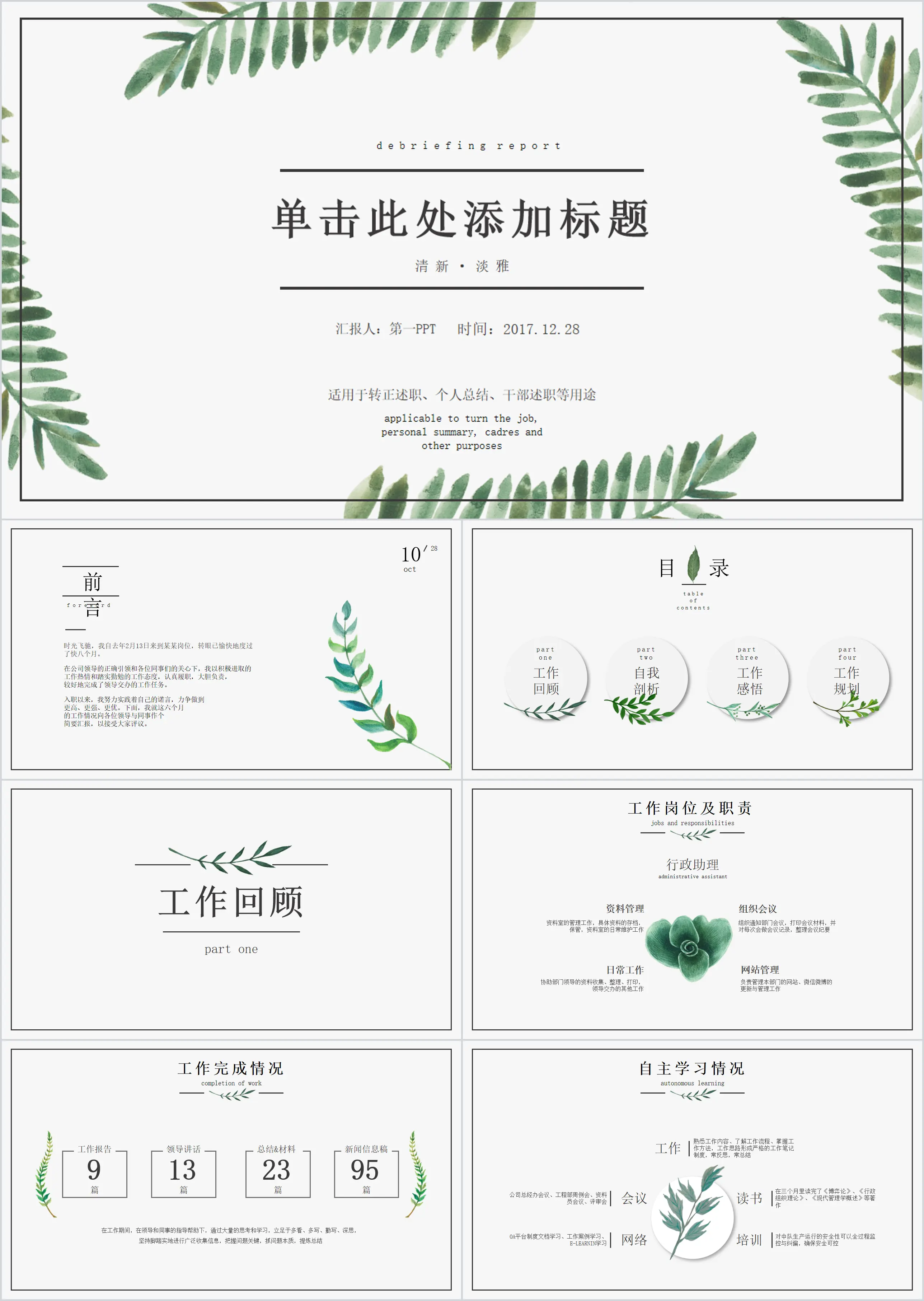 Fresh and elegant plant leaf background personal debriefing report PPT template