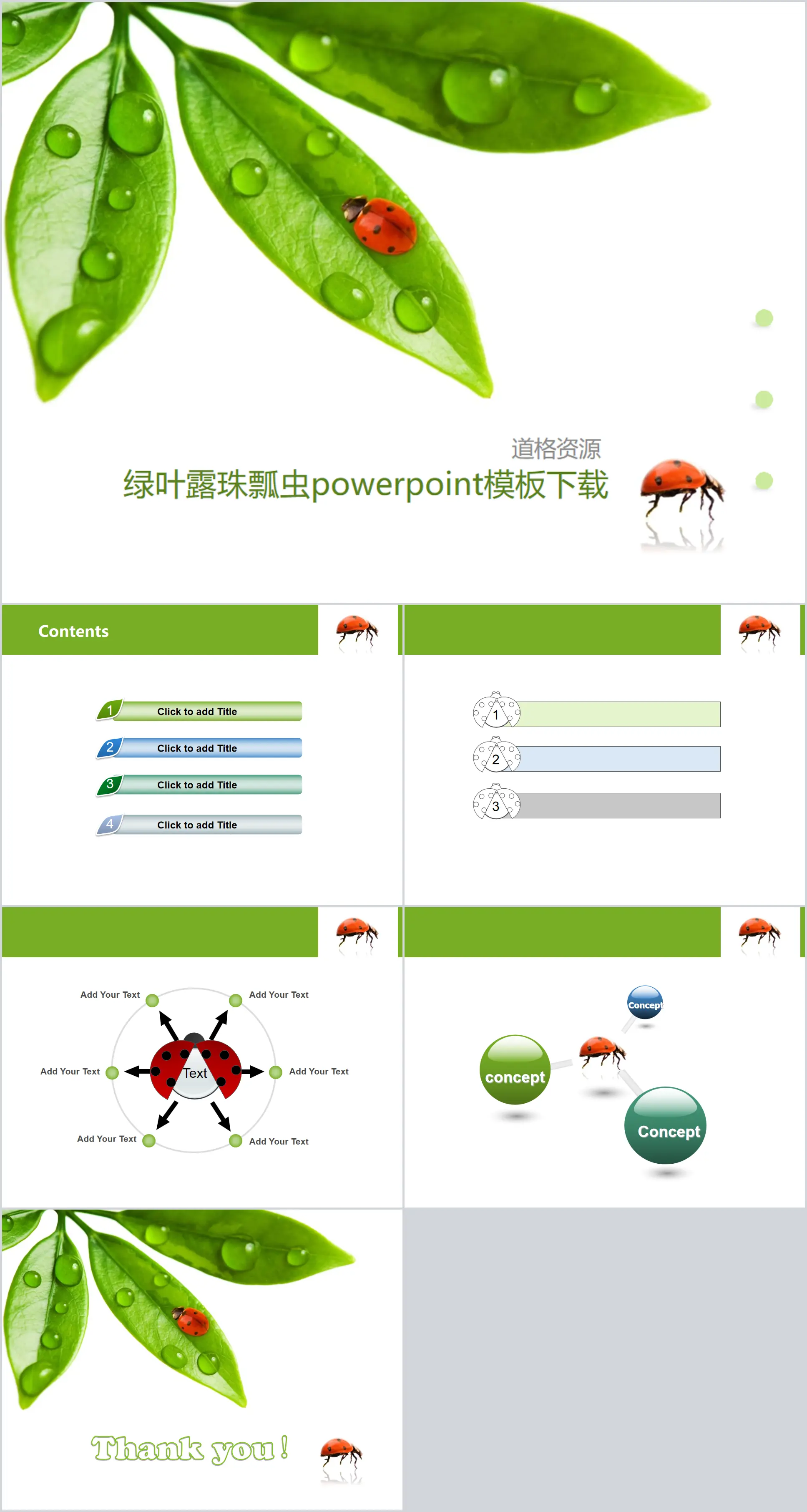 Fresh green leaf dewdrop seven-star ladybug background PPT template