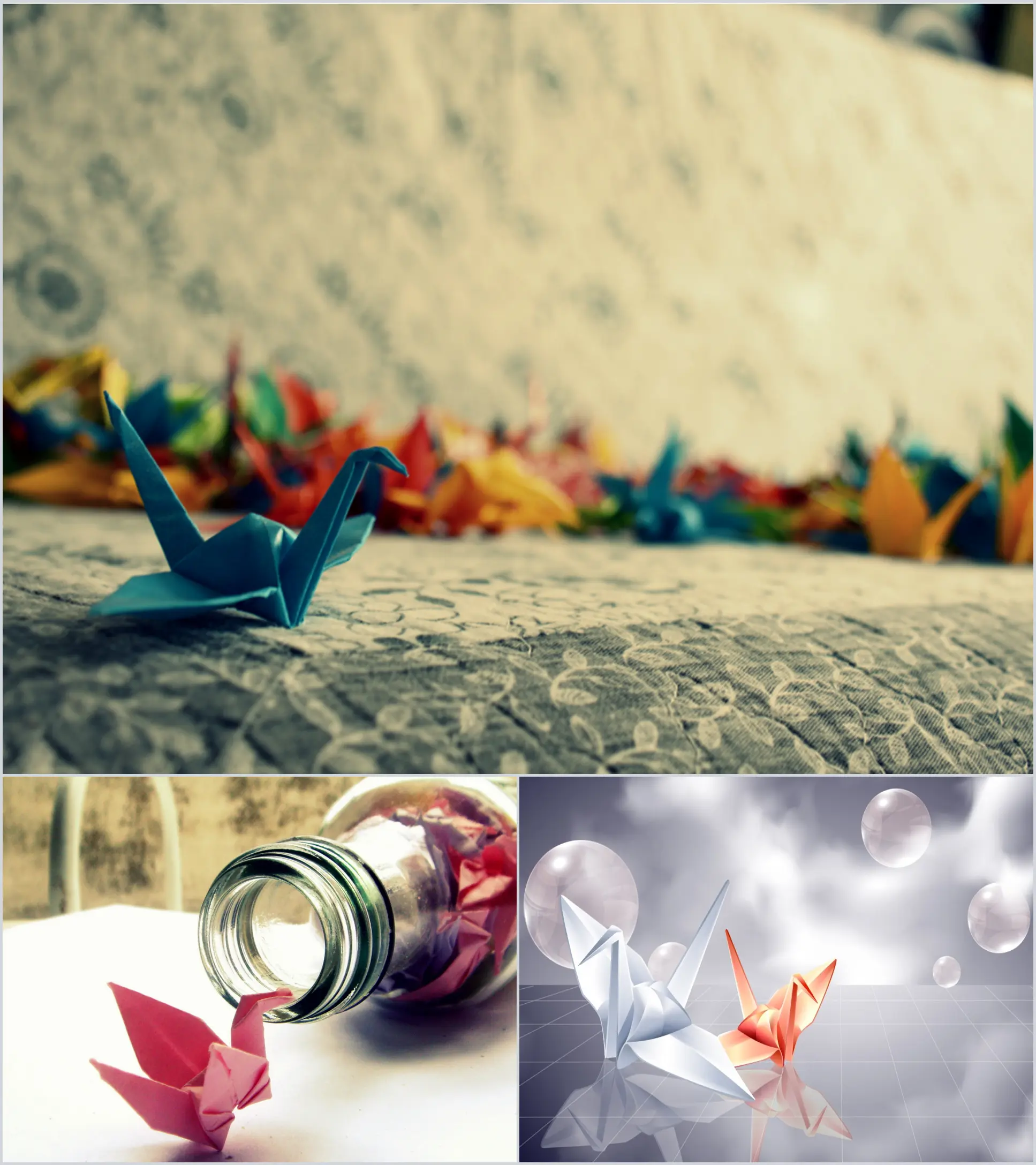 Three colorful paper cranes PPT background pictures