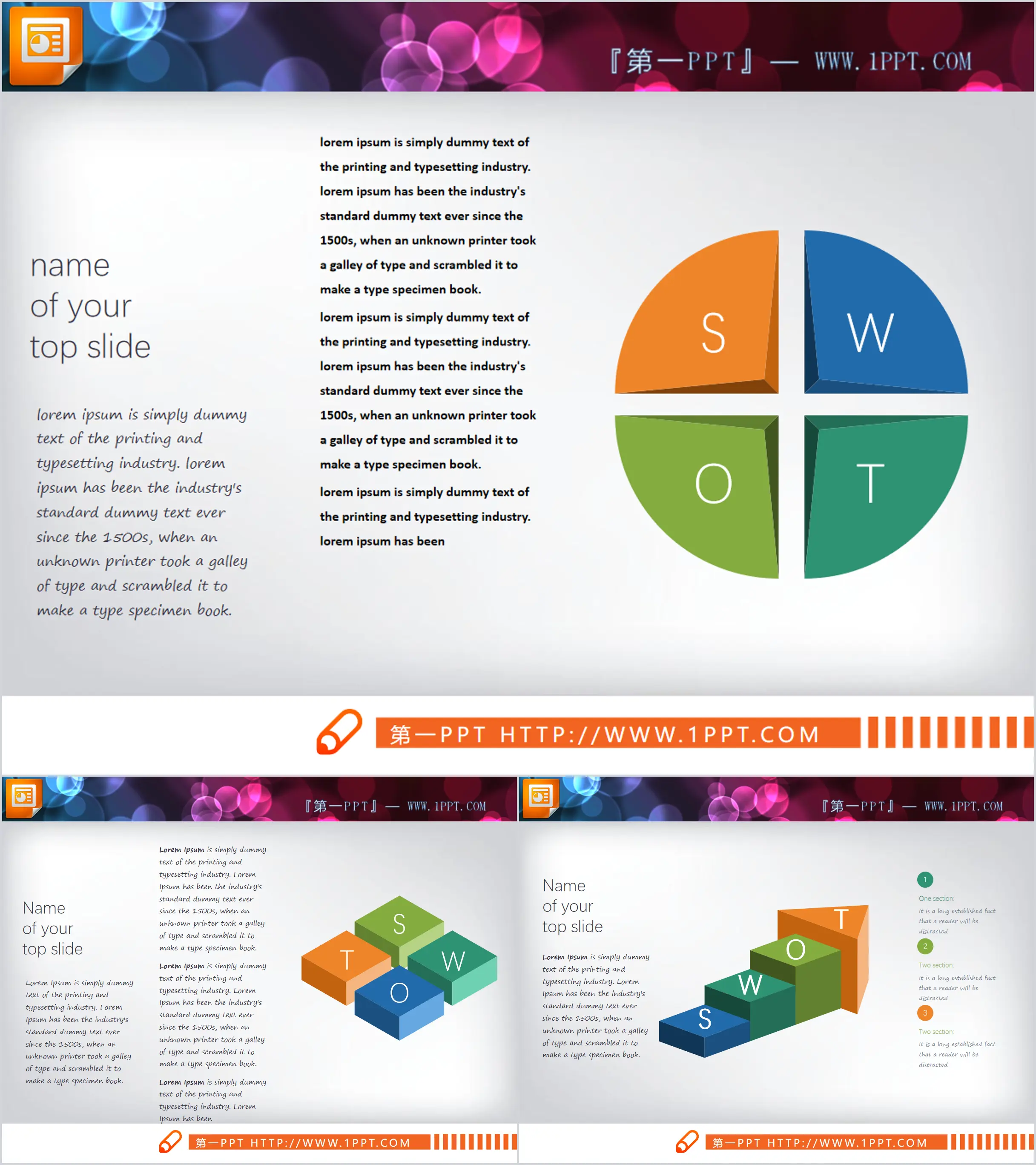 Three sets of colorful SWOT analysis charts