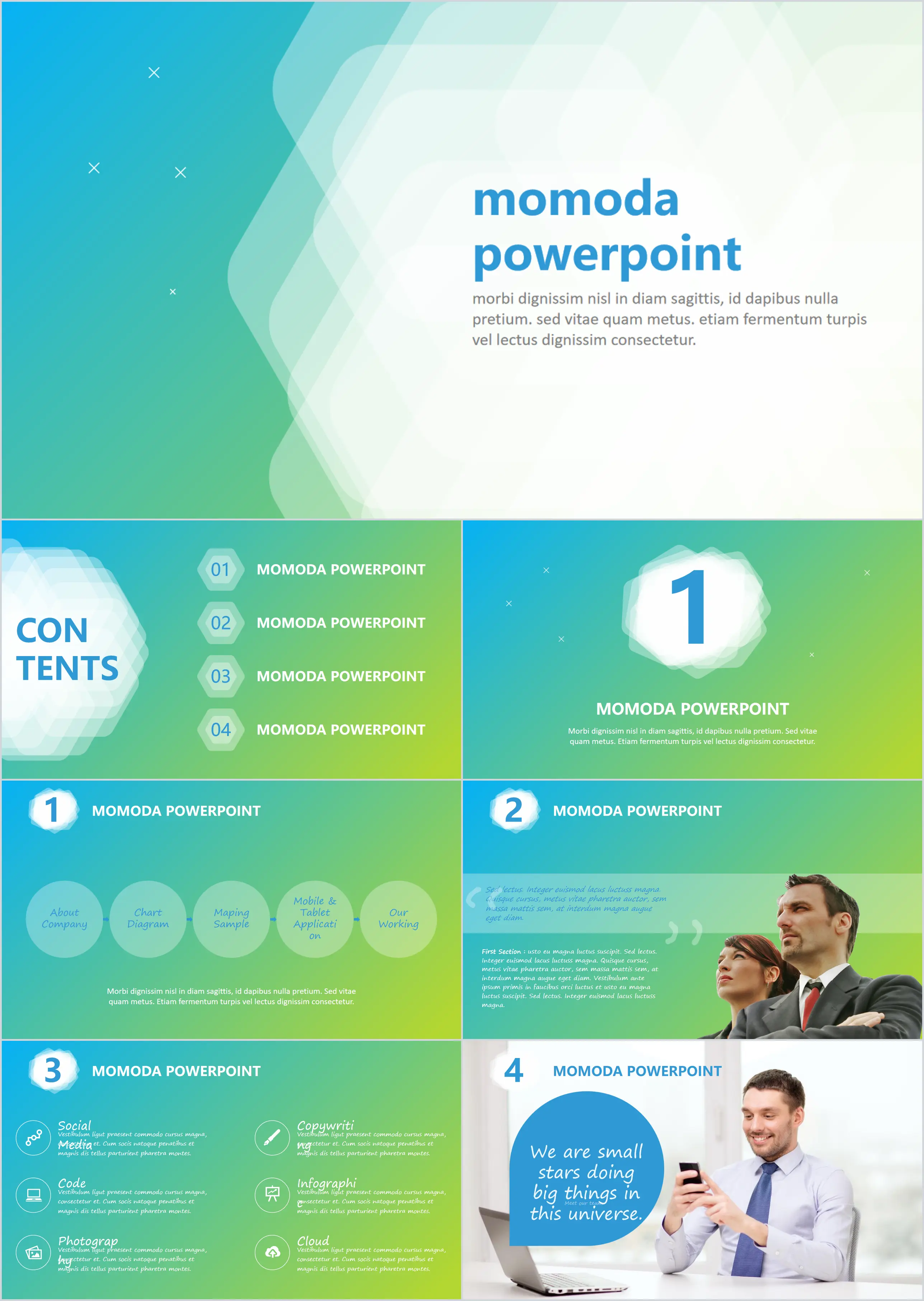 European and American business PPT template with blue and green gradient background