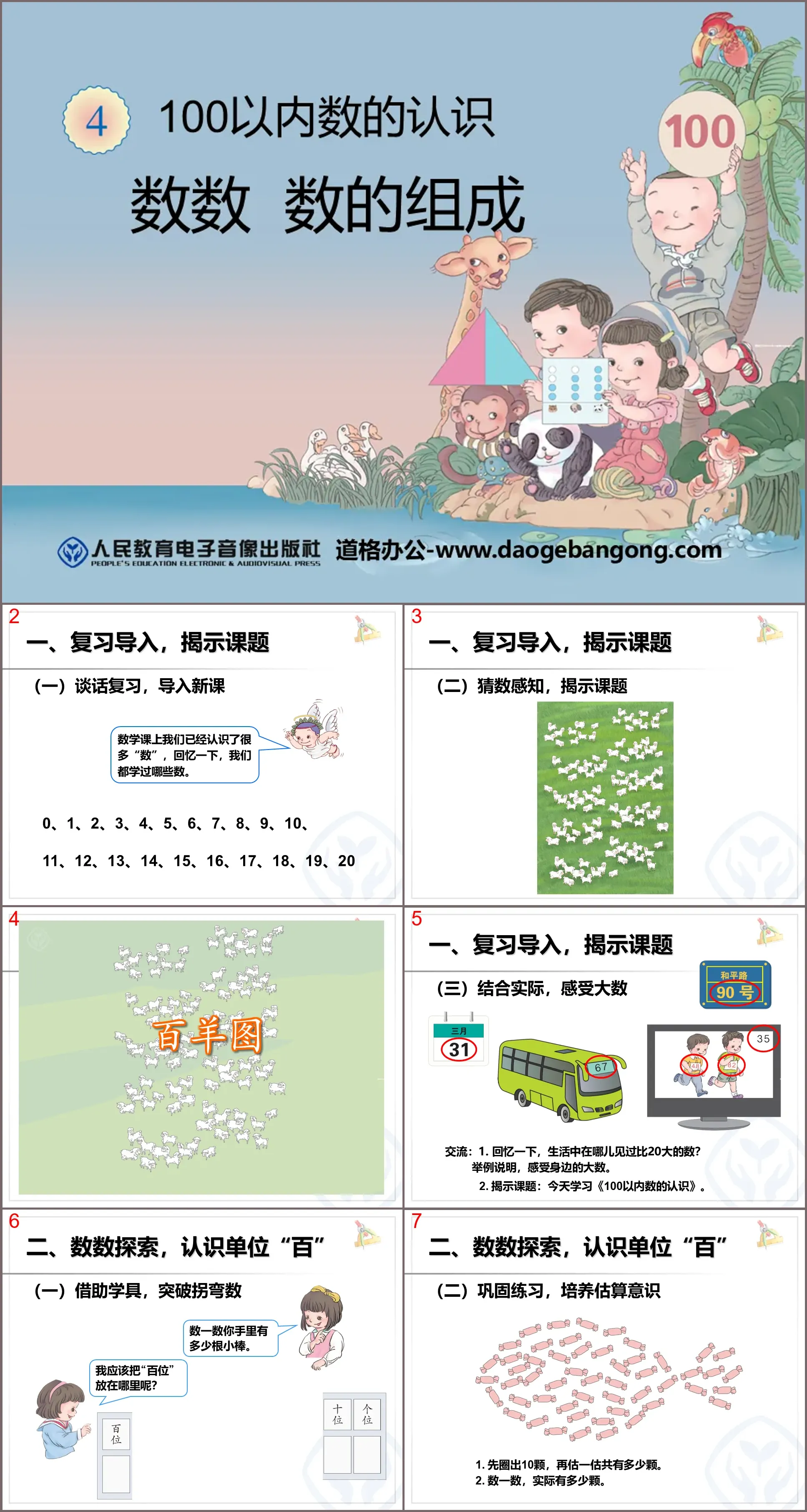 "Counting, Combinations of Numbers" PPT courseware on understanding numbers within 100