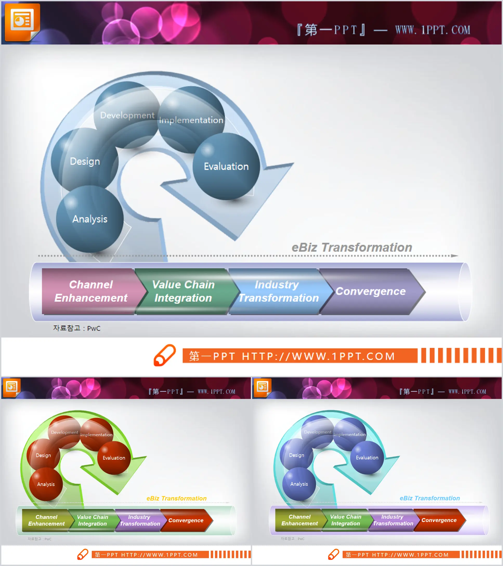 Three flow chart PPT charts with arrows and three-dimensional spheres