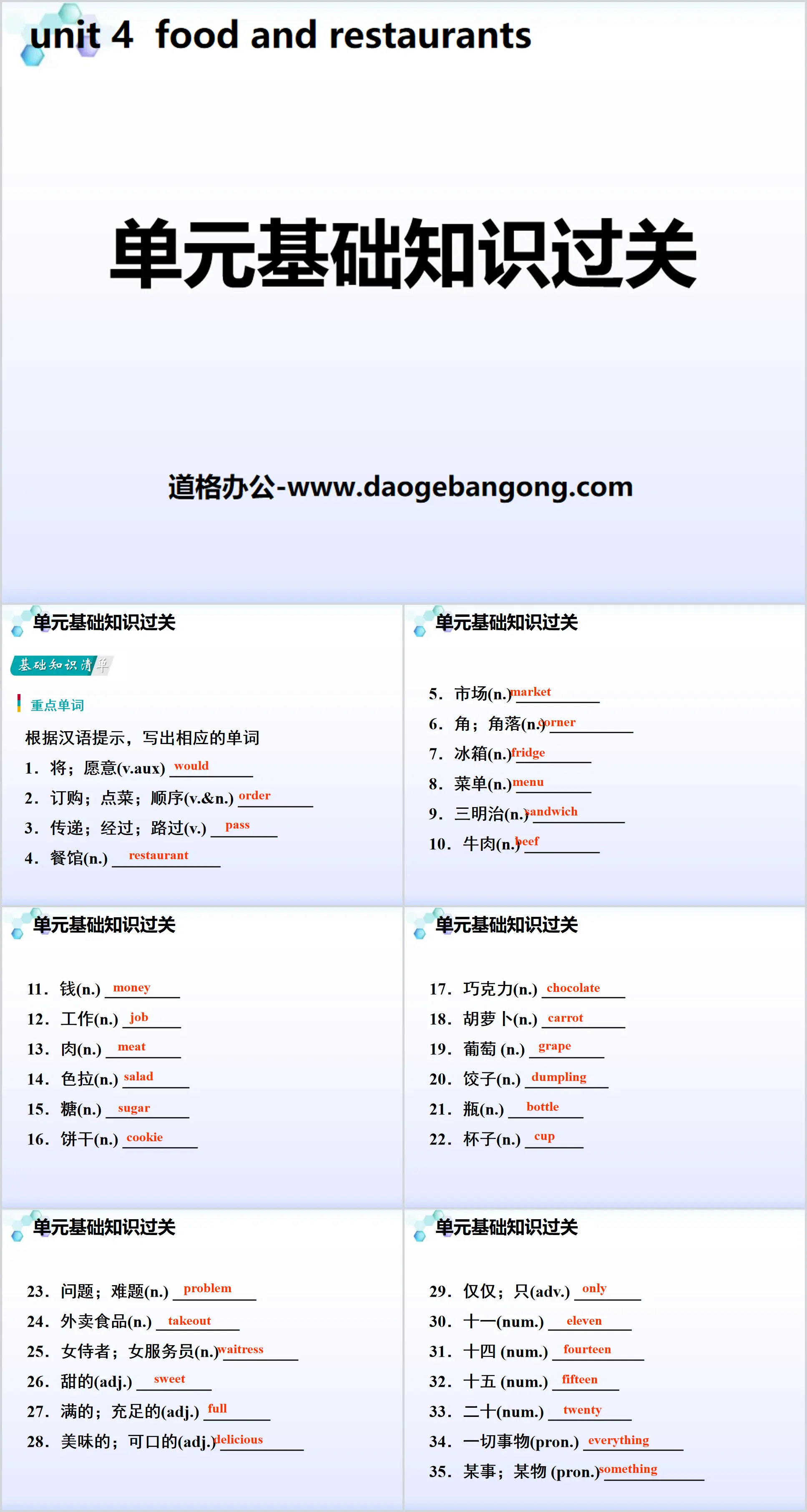 《单元基础知识过关》Food and Restaurants PPT

