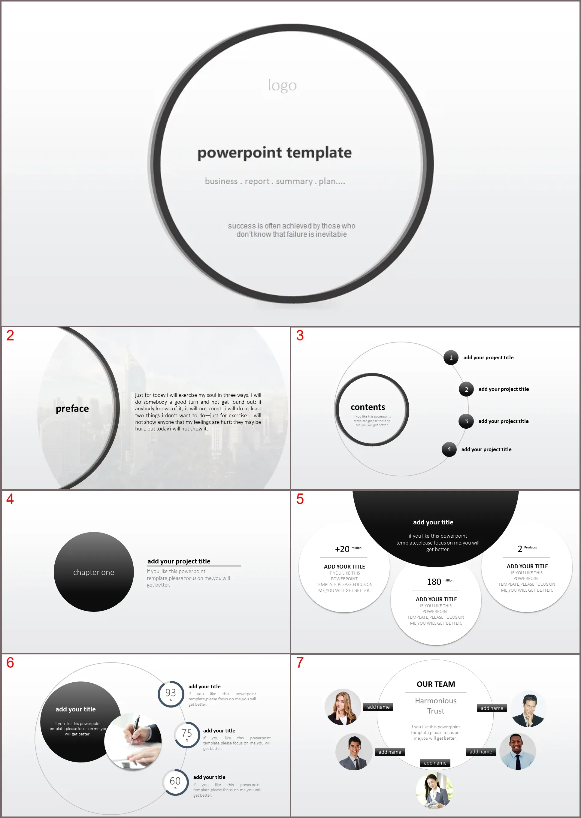 Modèle PPT d'entreprise européen et américain avec un arrière-plan en cercle simple noir et blanc