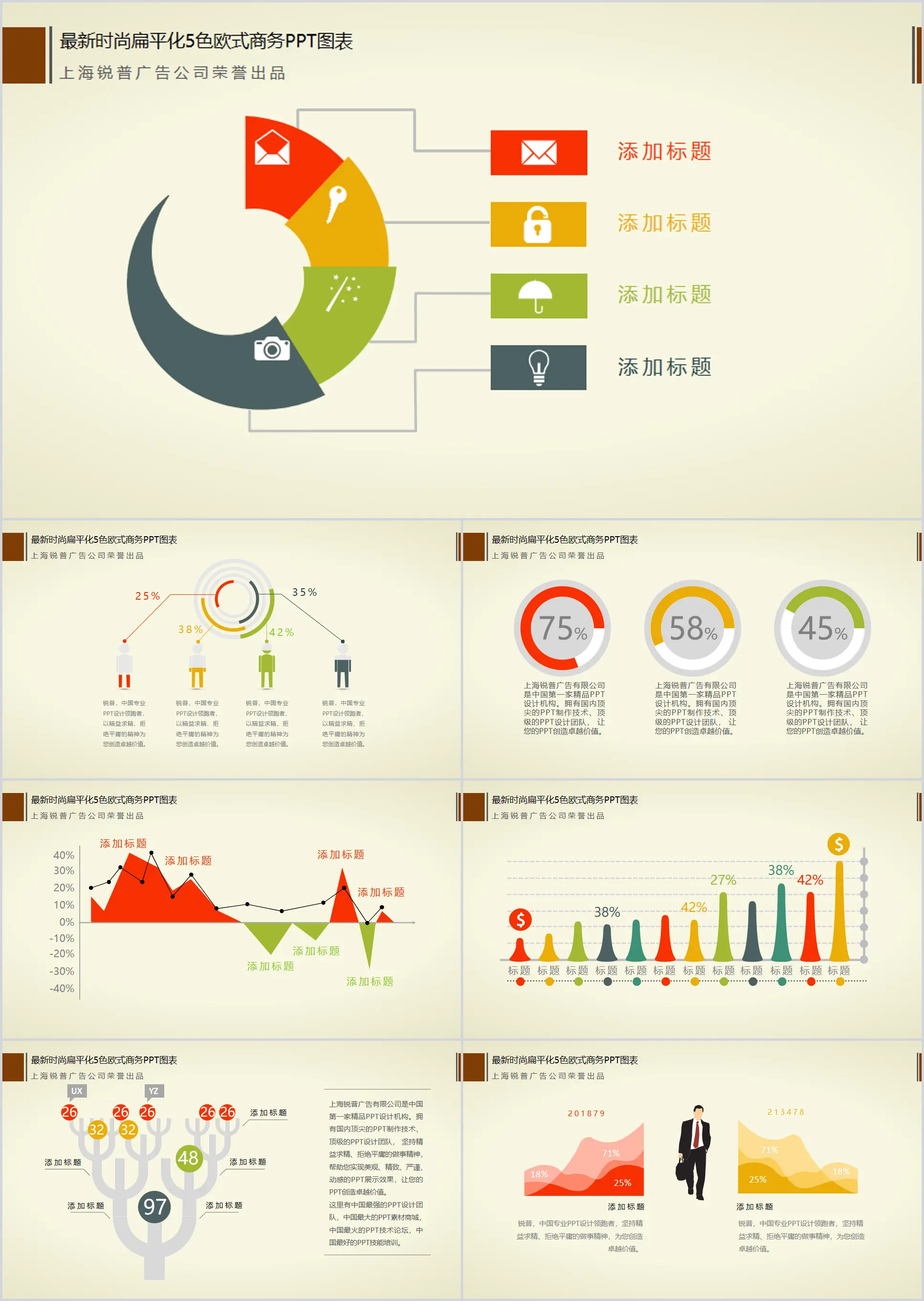 12页简约彩色扁平化商务PPT图表