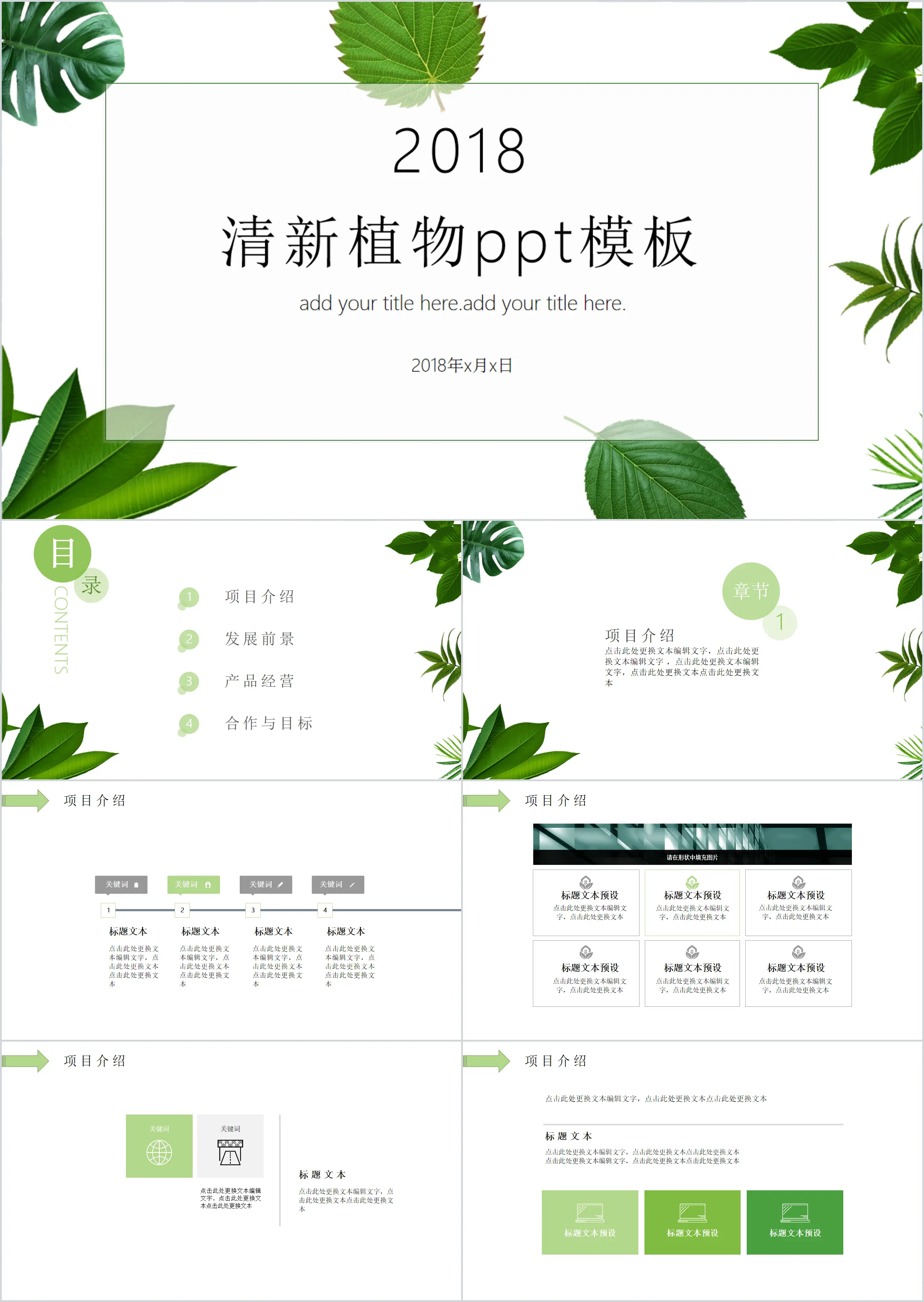 Fresh green leaves and green plants PPT template