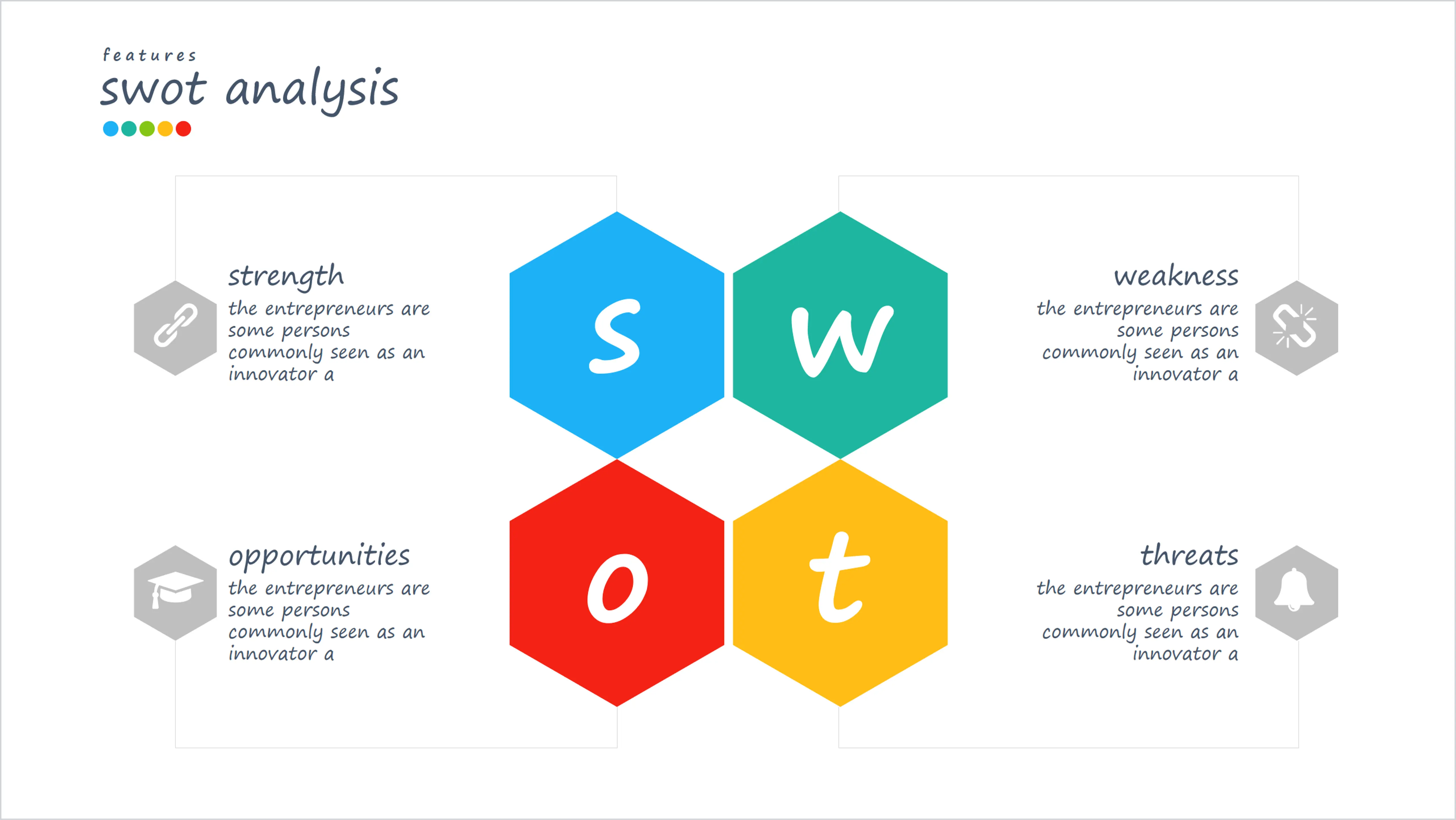 Hexagonal honeycomb SWOT analysis PPT material