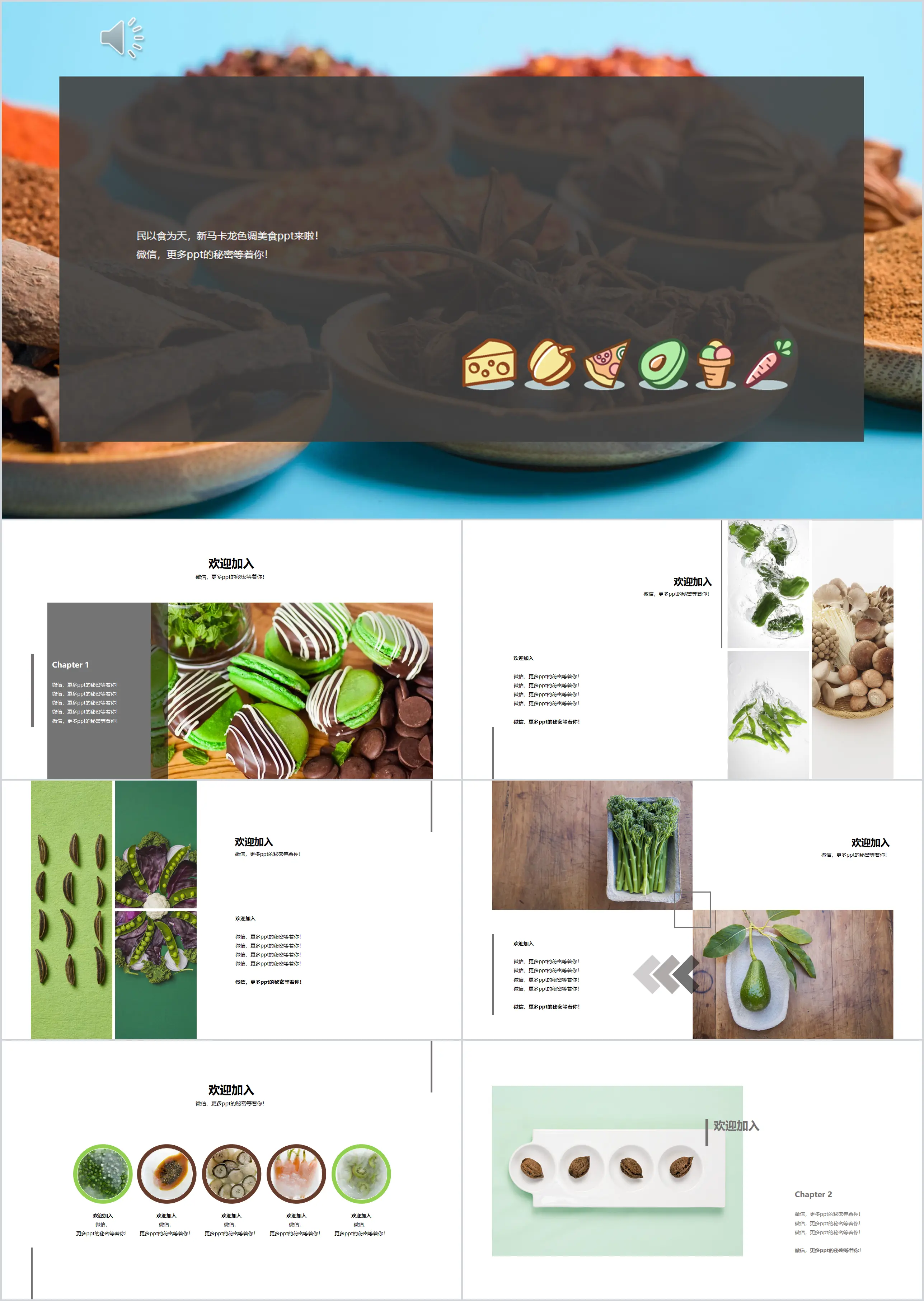 Small fresh macaron tone healthy nutrition food introduction ppt template