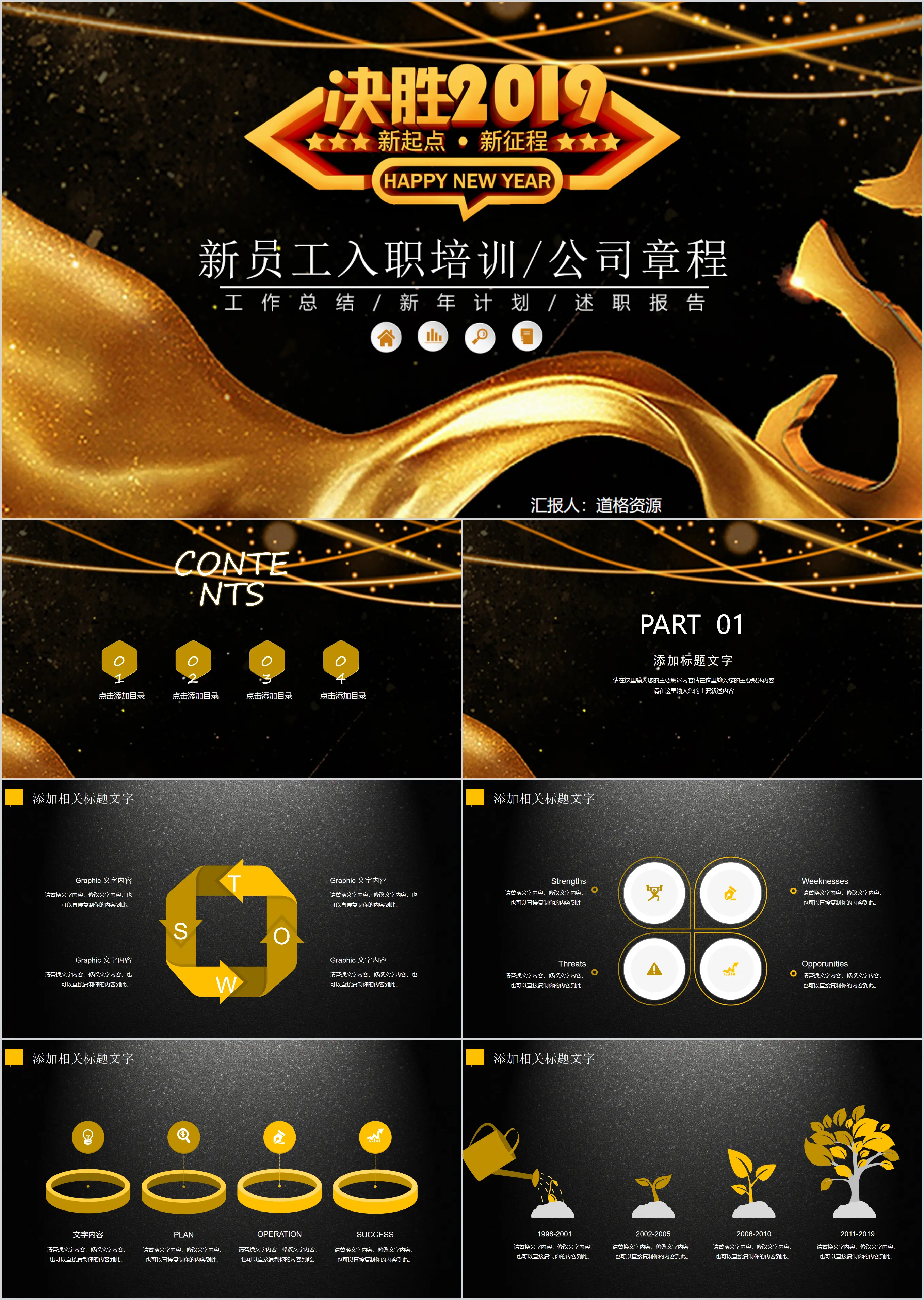 Black gold creative new employee induction training manual PPT template