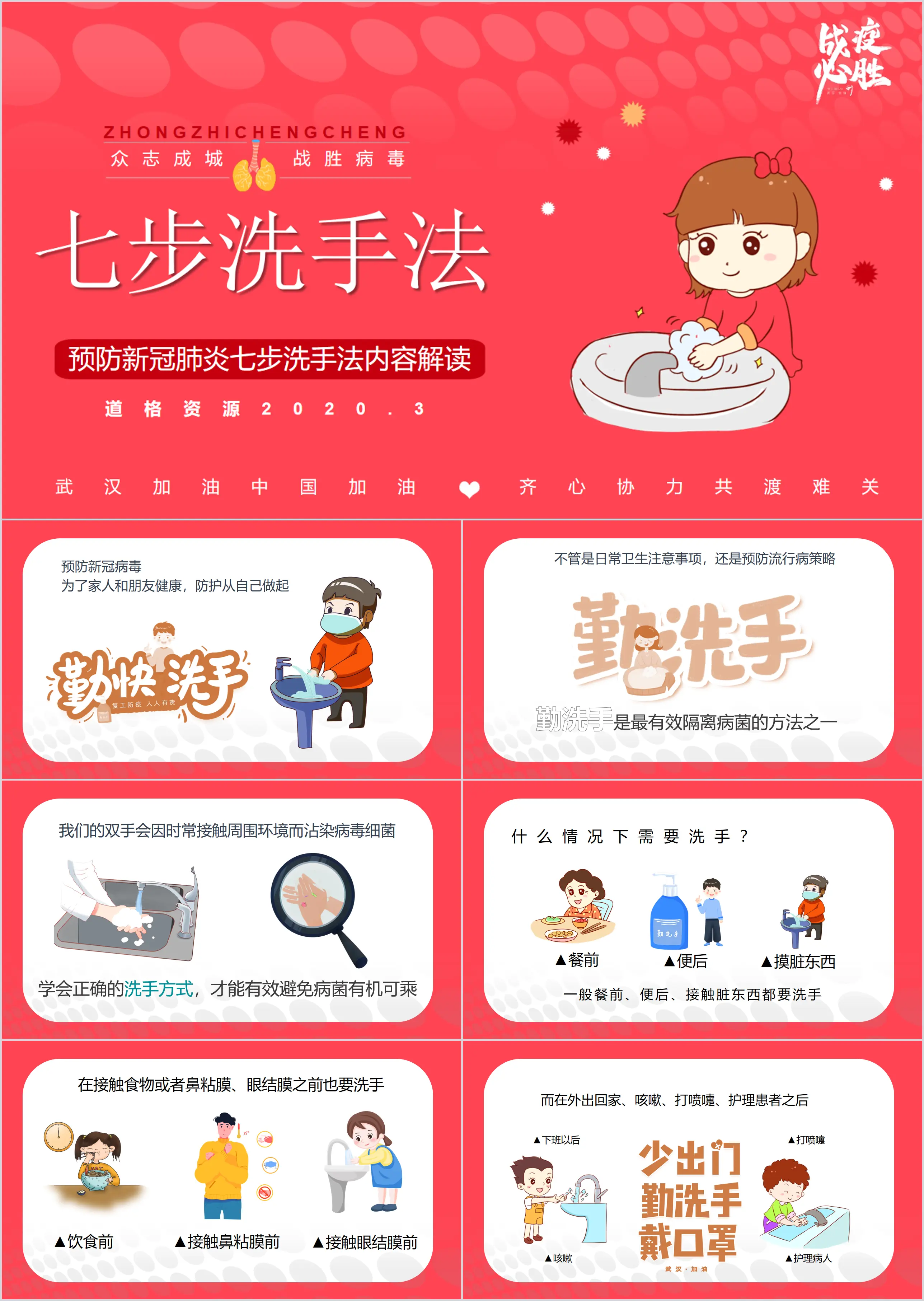 Cartoon style children's education seven-step hand washing method PPT template