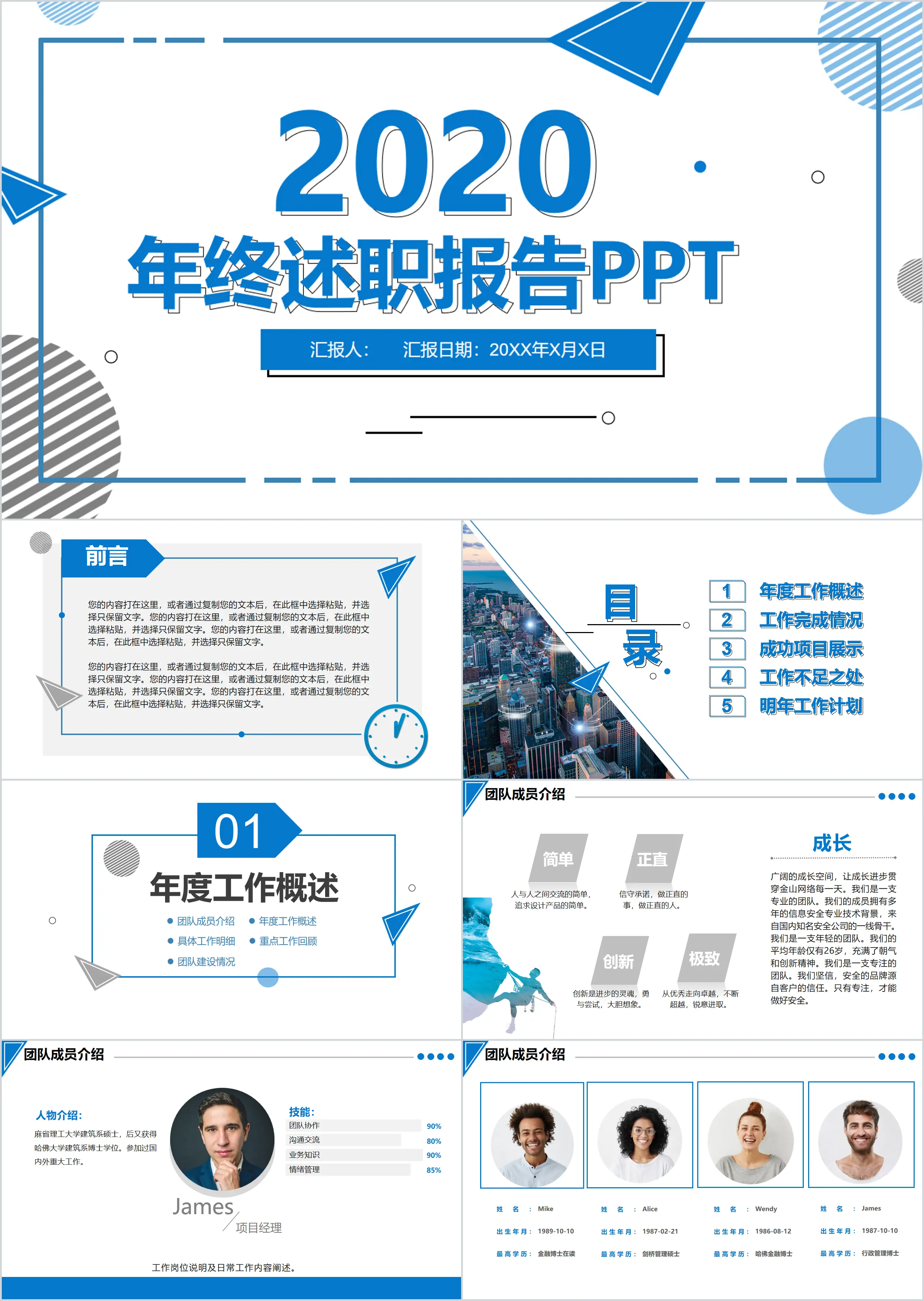 2020藍色大氣簡約風年終述職報告動態PPT模板