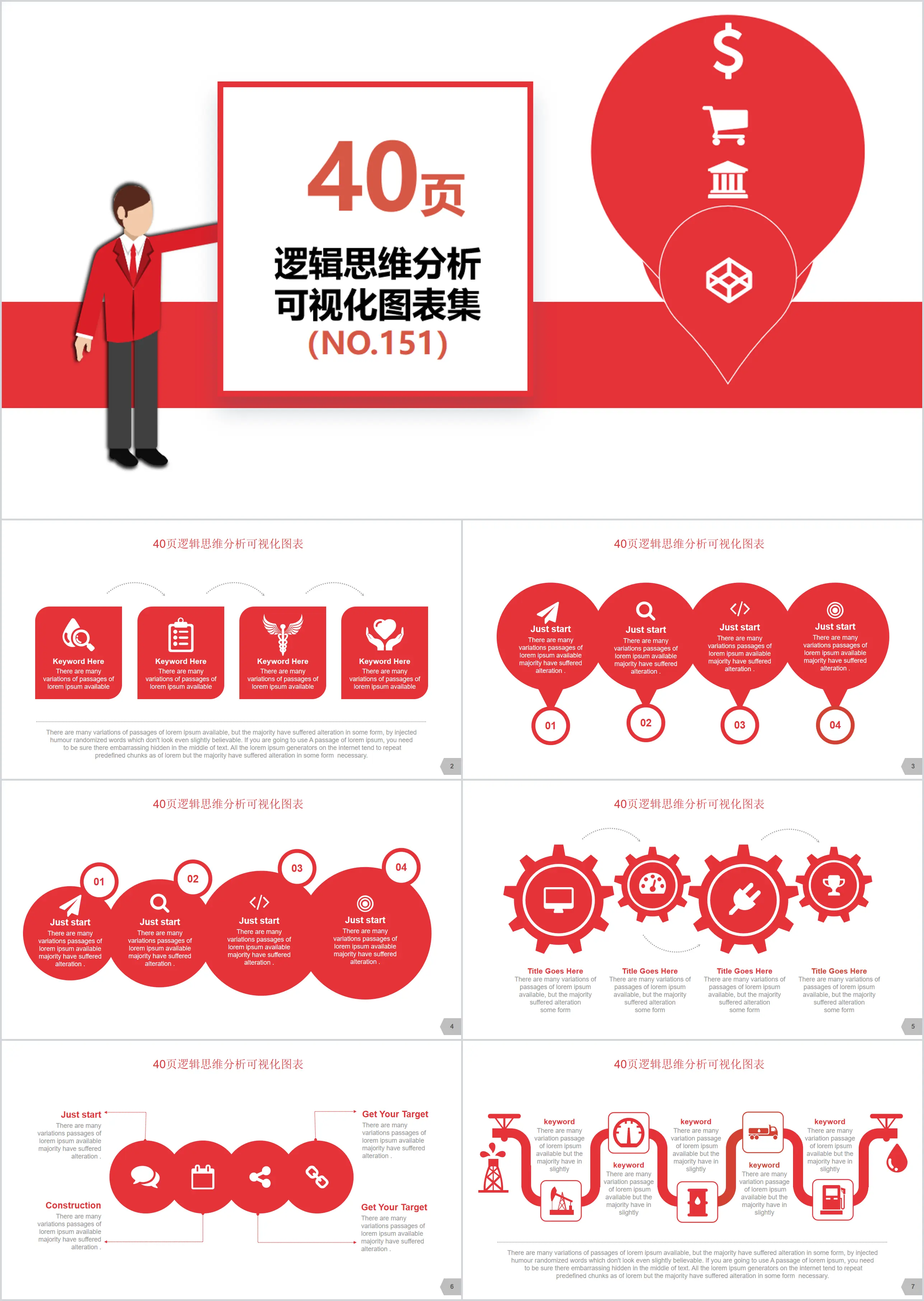 40 sets of red thinking logical analysis visualization PPT charts