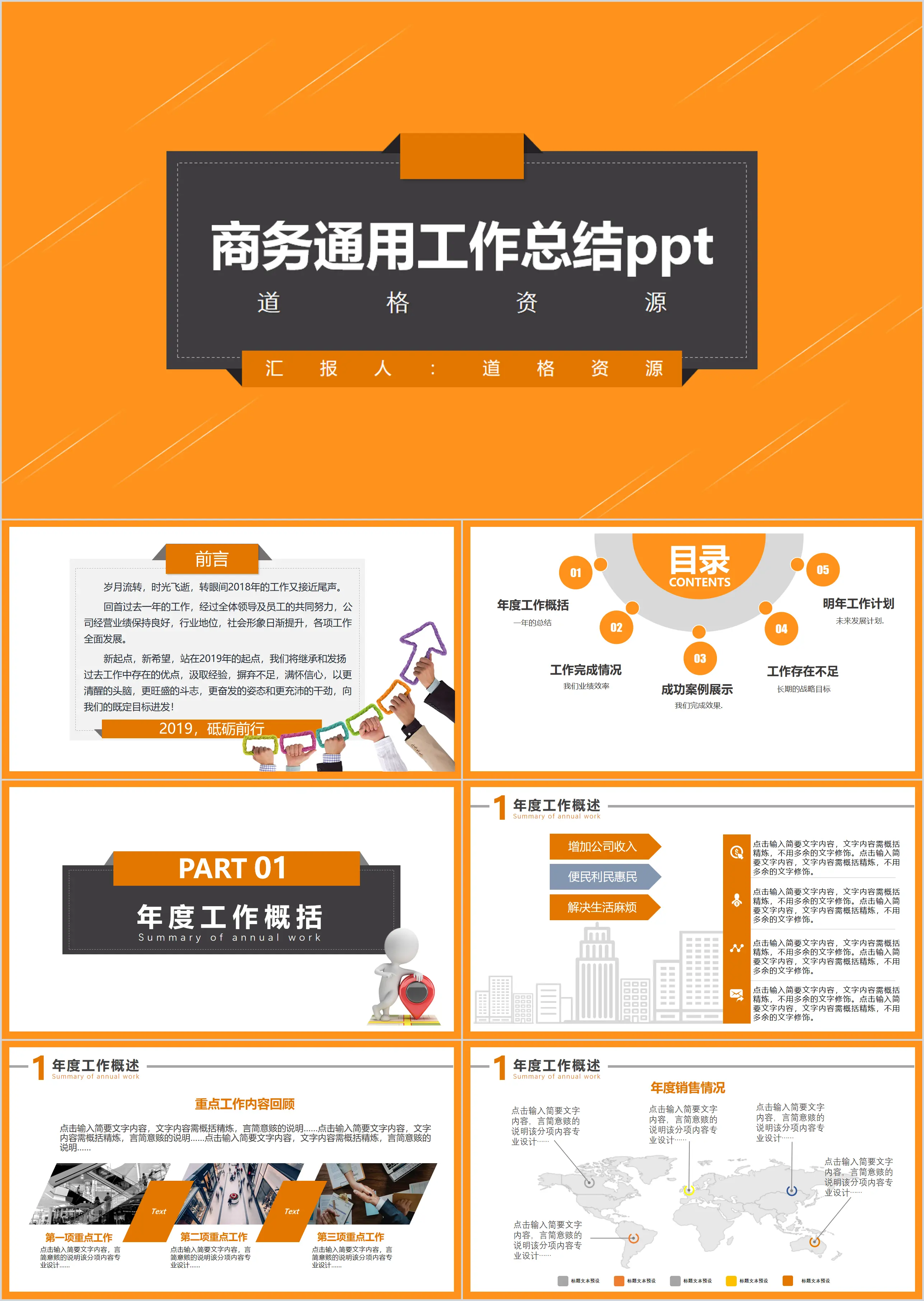 2019 fashion orange business simple general company work summary report dynamic PPT template