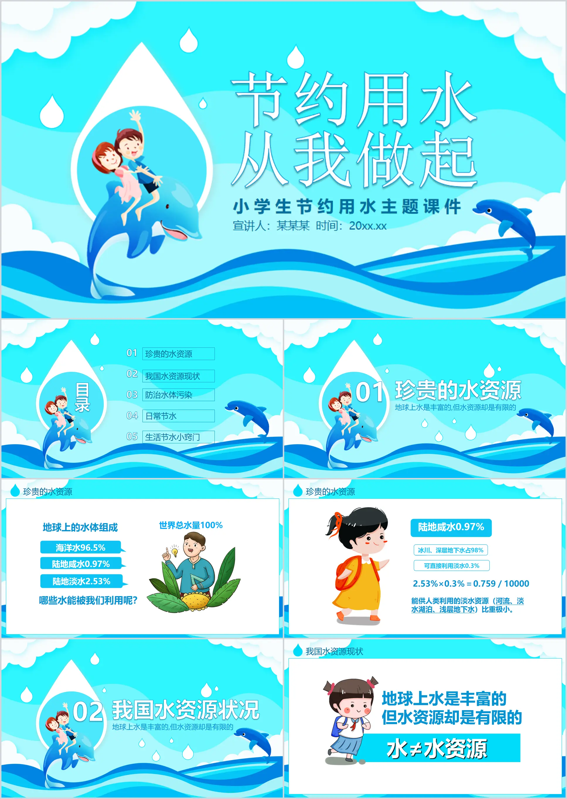 Cartoon style elementary school students save water theme courseware PPT template