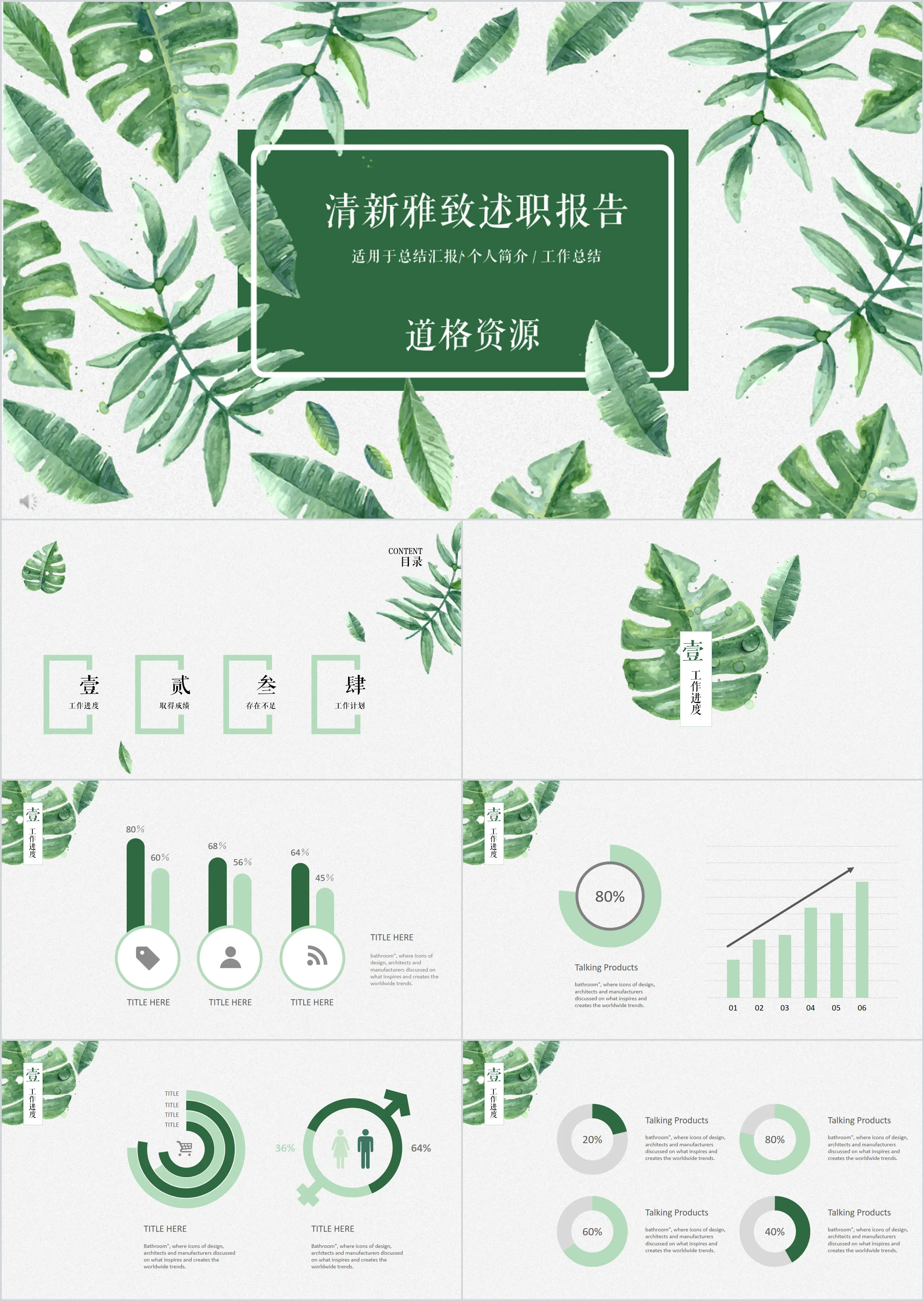 小清新绿叶述职报告PPT模板